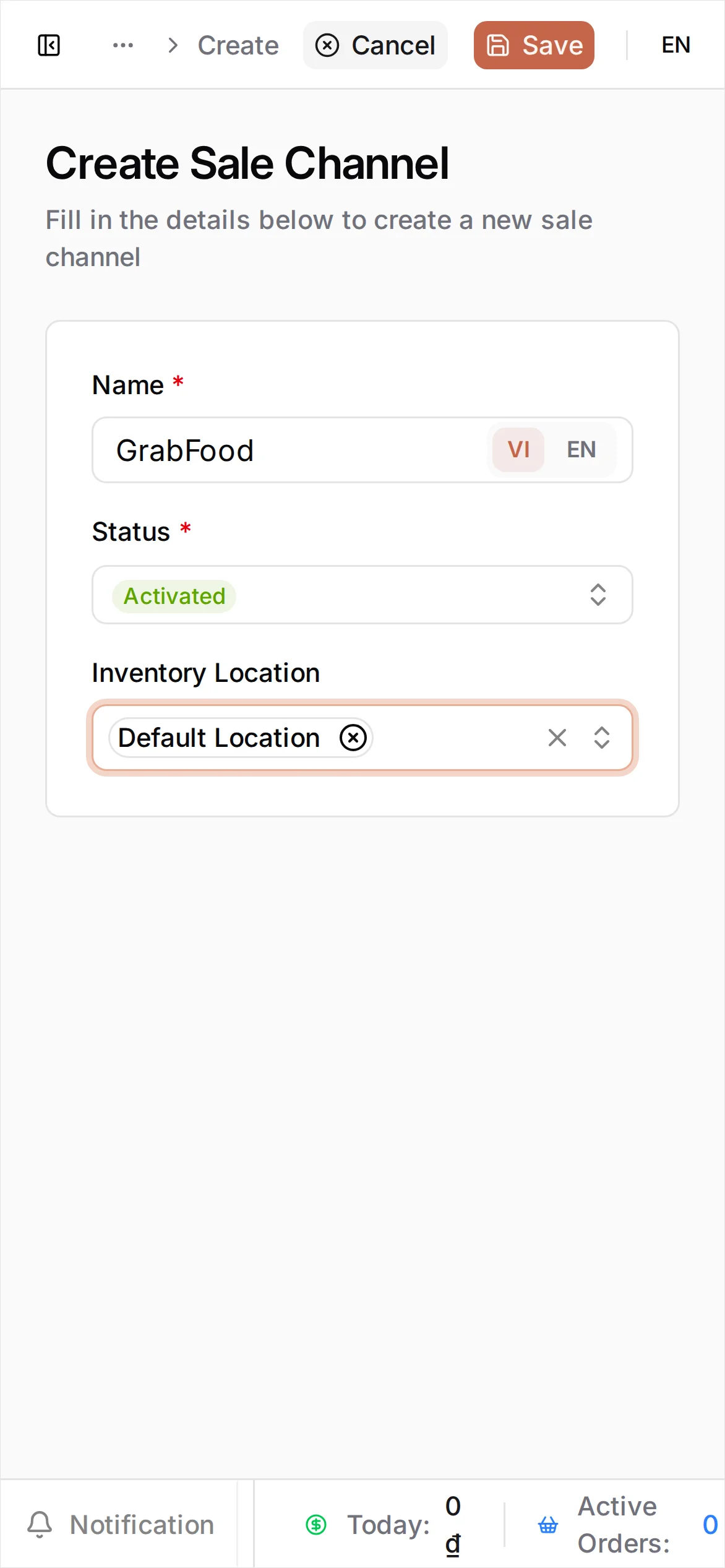 The Create sale channel form with Name 'GrabFood', Status Activated, and Inventory location 'Default Location' selected