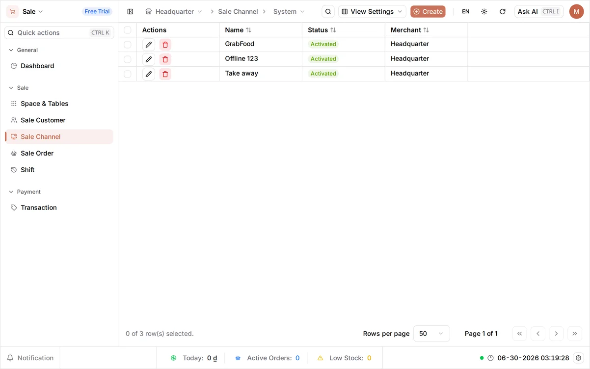 The sale channel list showing both Tại quầy and GrabFood, each with Activated status