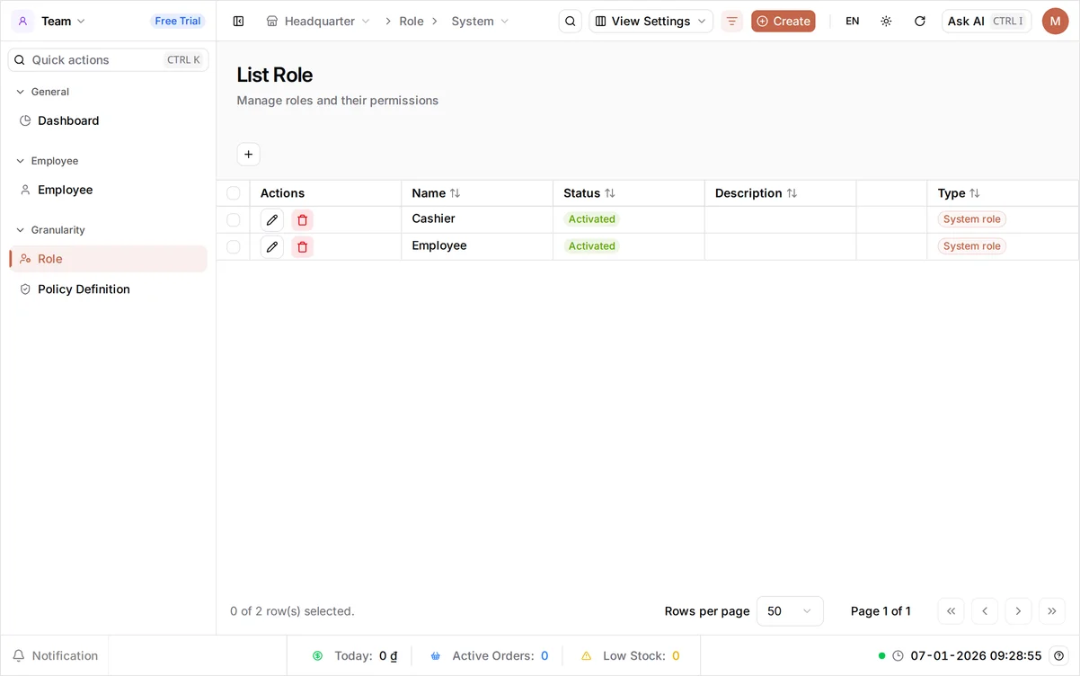 The Team Role list showing the built-in Cashier and Employee roles, both with Activated status