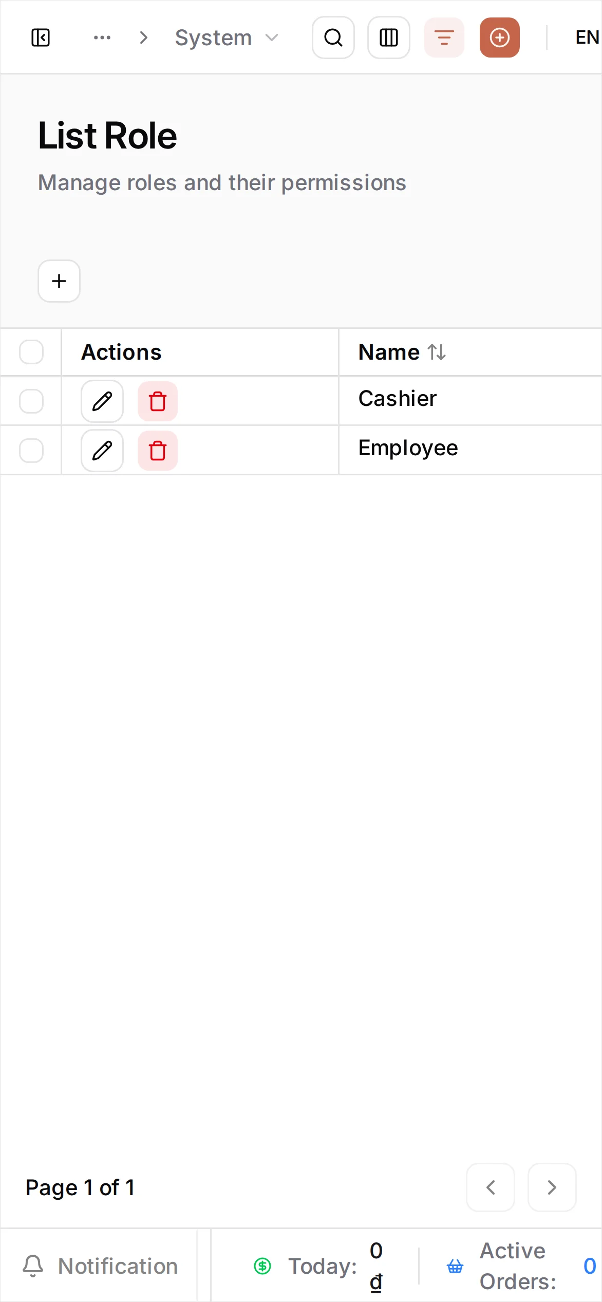 The Team Role list showing the built-in Cashier and Employee roles, both with Activated status