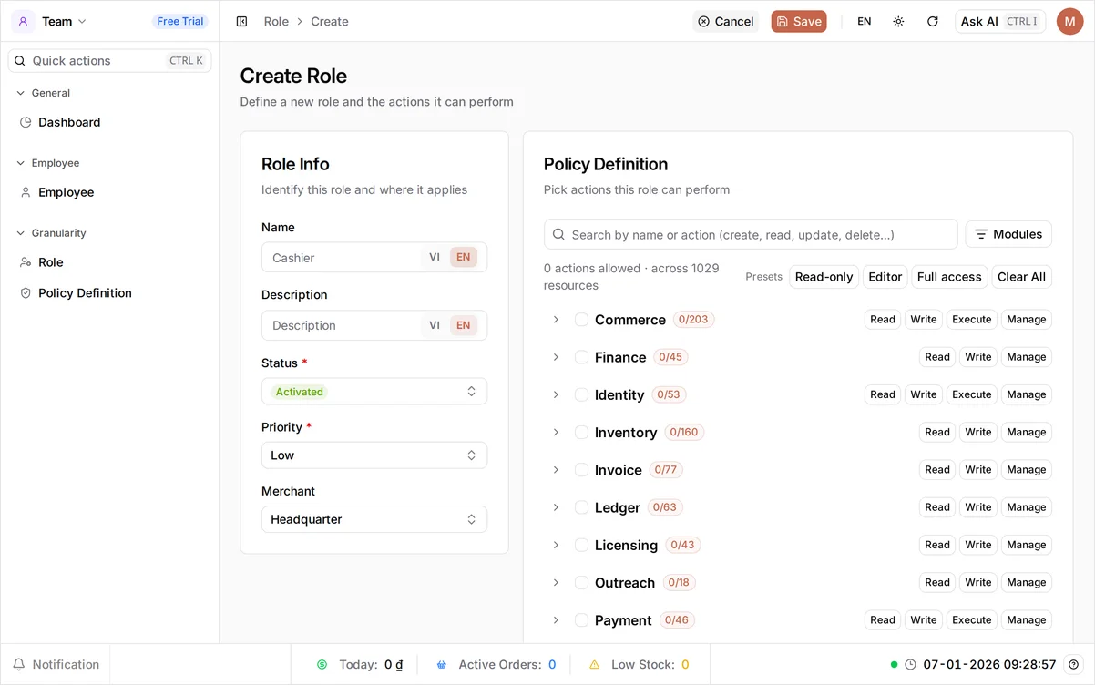 The Create Role page with Name set to Store manager, Status Activated, and the Policy Definition panel for picking permissions