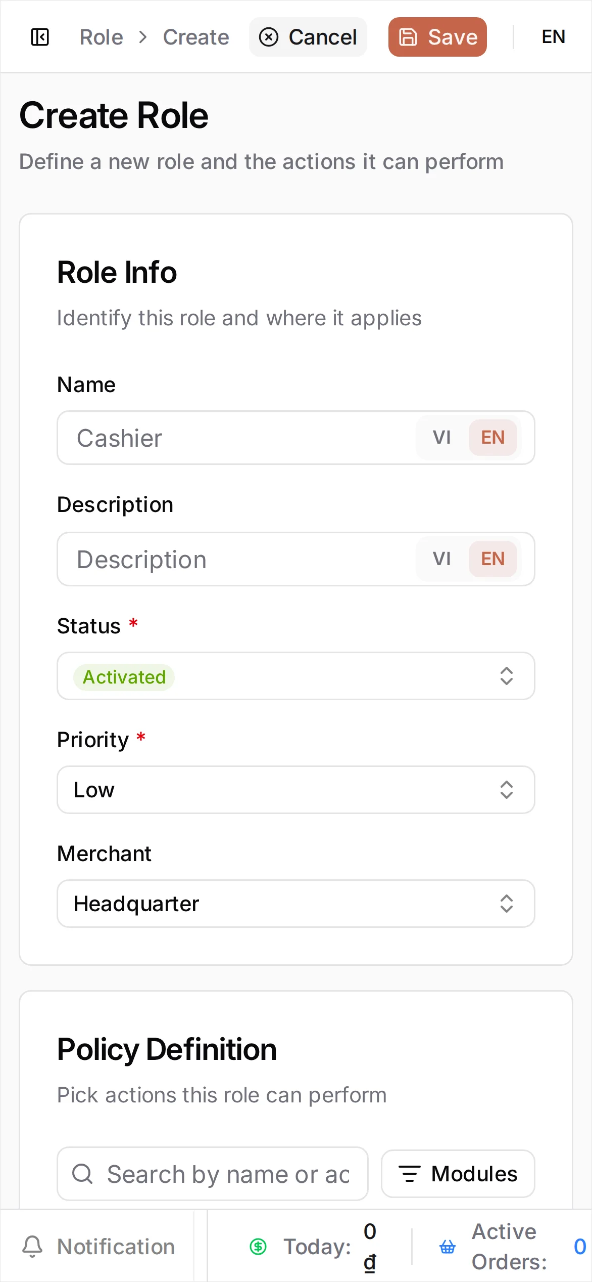 The Create Role page with Name set to Store manager, Status Activated, and the Policy Definition panel for picking permissions