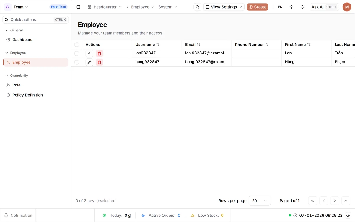 The Team Employee list showing two rows, Hùng Phạm and Lan Trần, with their usernames, emails, and phone numbers