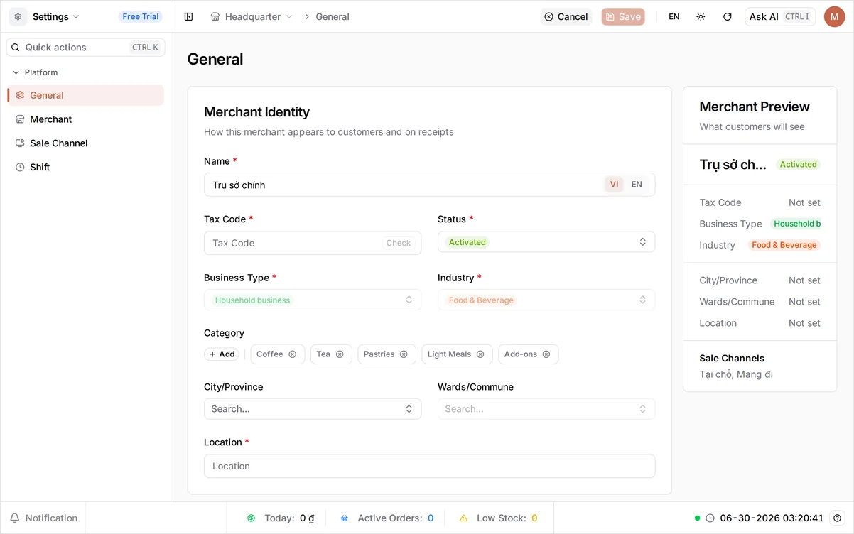 The Settings General page with the Merchant Identity form and the Merchant Preview panel