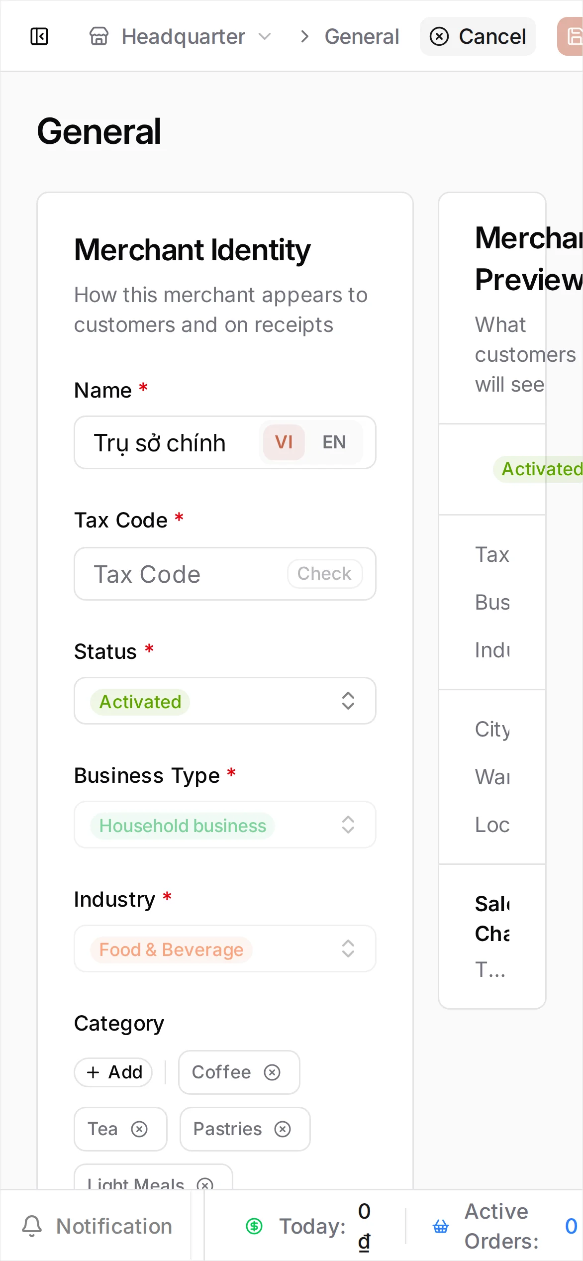The Settings General page with the Merchant Identity section showing the Name, Tax Code, and address fields, and a Merchant Preview panel on the right