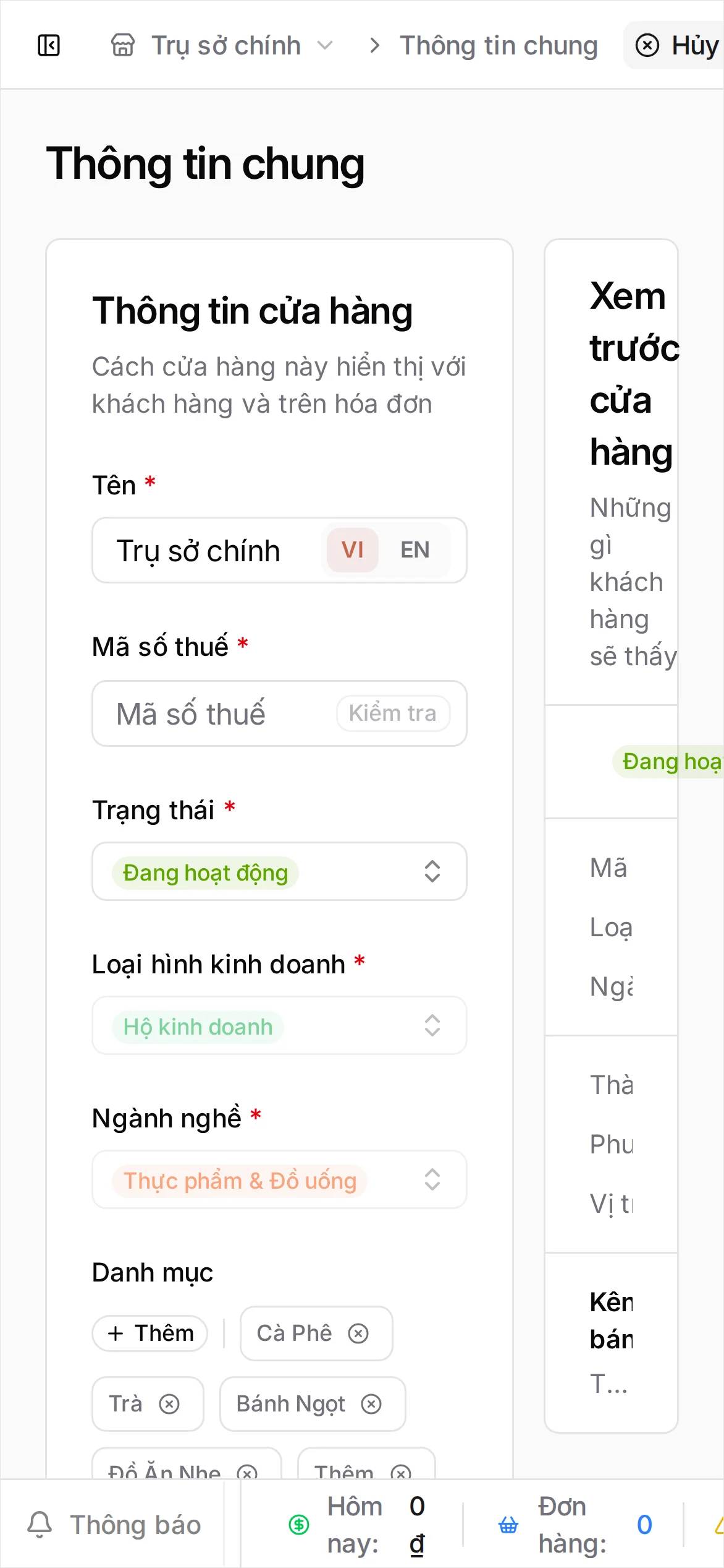 Trang Cài đặt Thông tin chung với mục Thông tin cửa hàng hiển thị các trường Tên, Mã số thuế và địa chỉ, cùng khung Xem trước cửa hàng bên phải