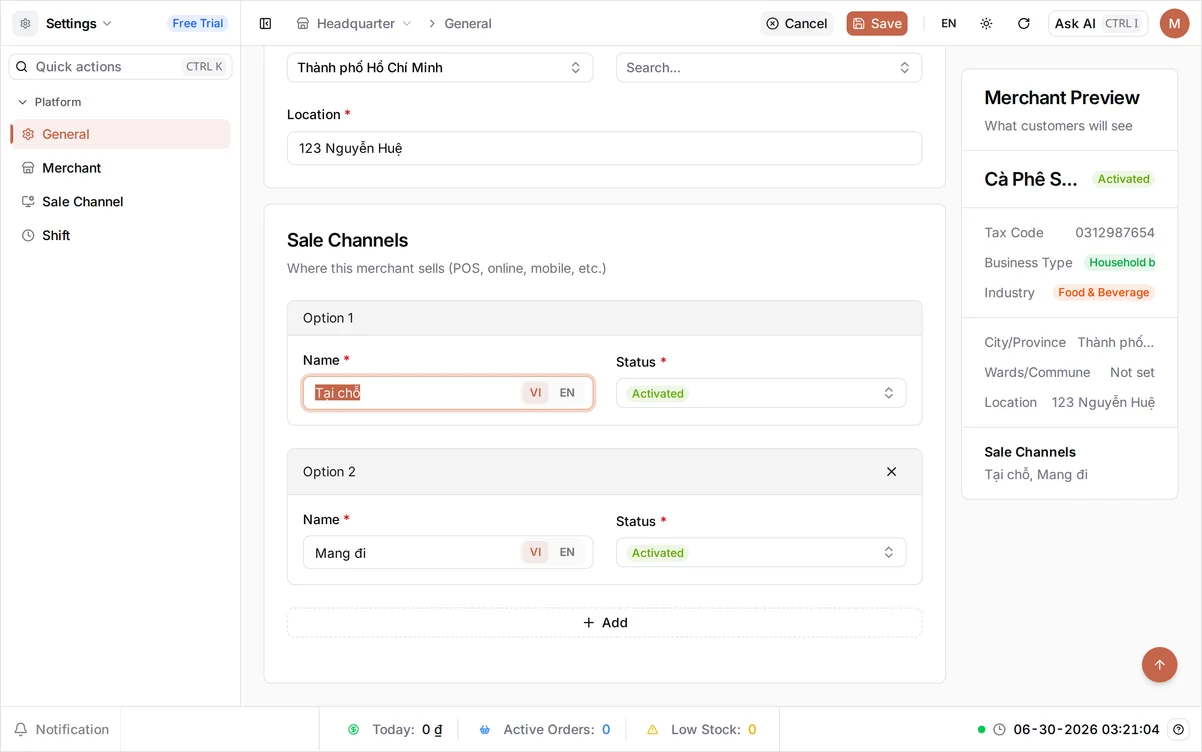 The address fields and Merchant Preview filled in, with the Save button active in the top bar