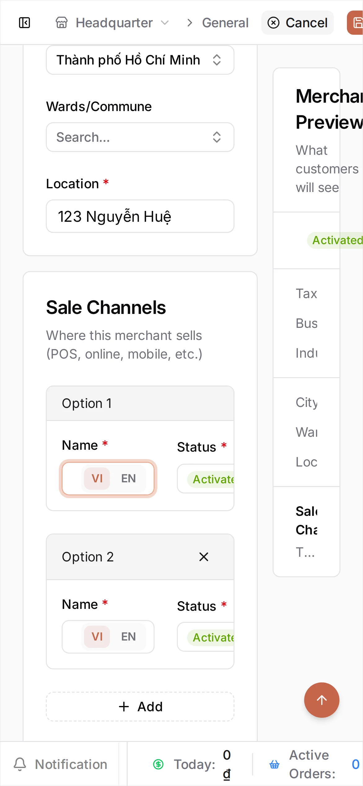 The address fields with City/Province set to Ho Chi Minh City and the street address in Location, the Merchant Preview panel reflecting them, and the Save button active in the top bar