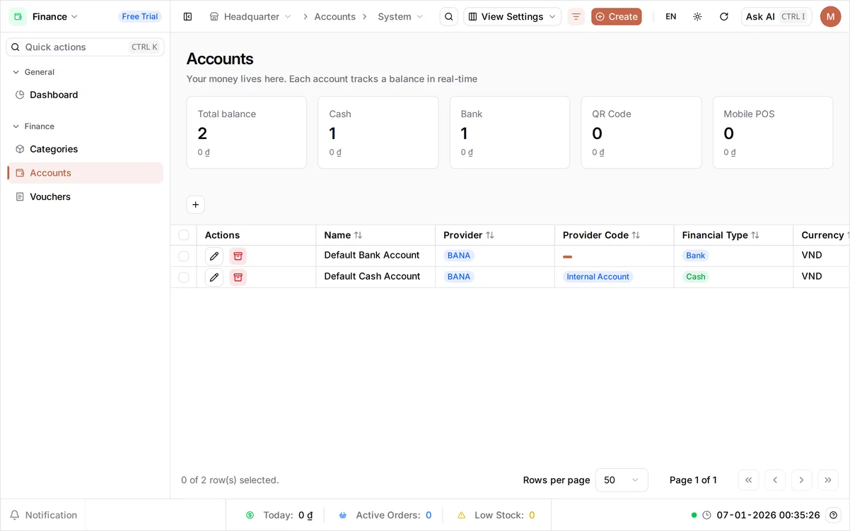 The Finance Accounts screen with Total balance, Cash, and Bank summary cards above a list holding the Default Cash Account and Default Bank Account