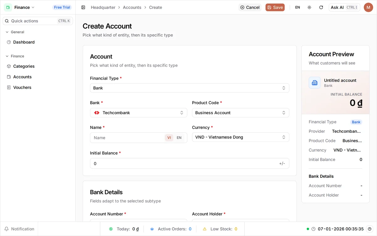 The Create Account form with Financial Type set to Bank, Bank set to Techcombank, and Product Code set to Business Account
