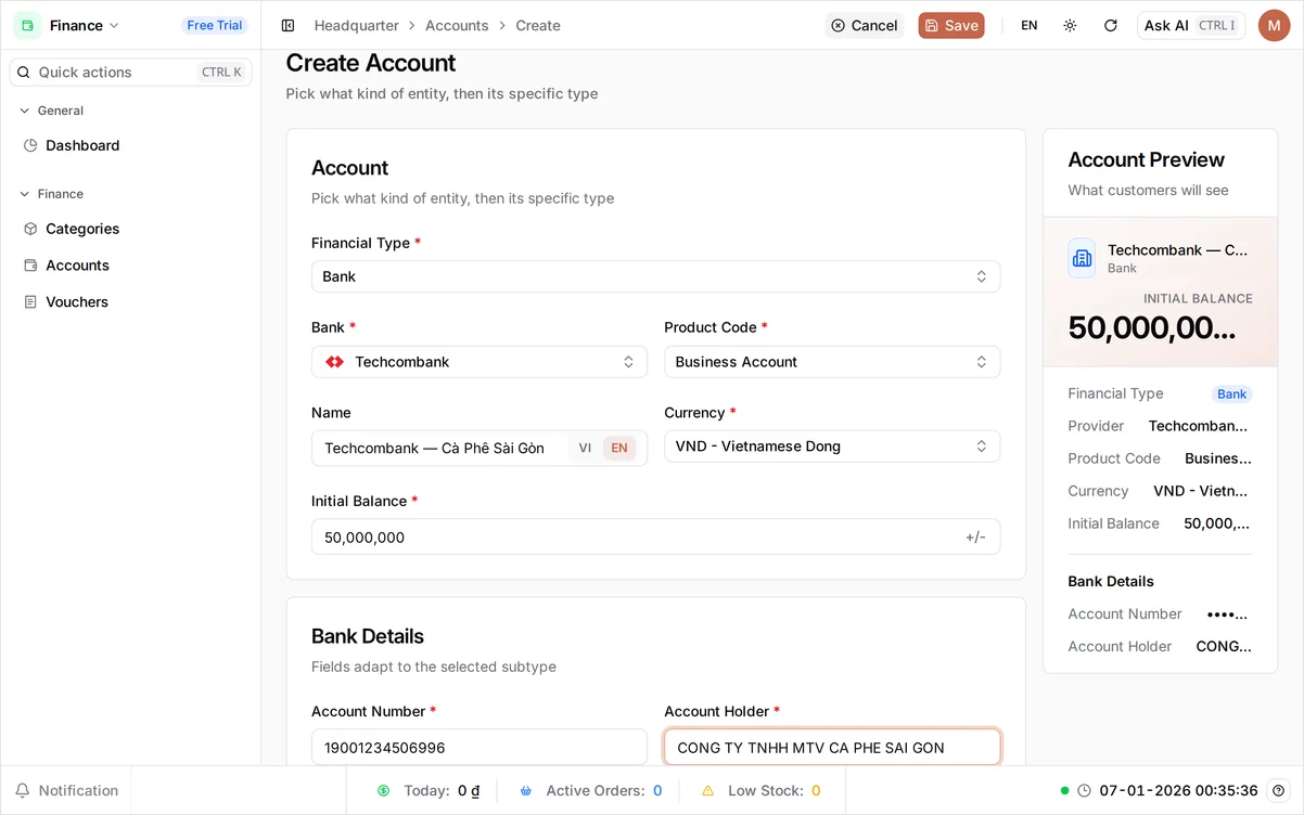 The Create Account form filled in with Name 'Techcombank — Cà Phê Sài Gòn', Currency VND, Initial Balance 50,000,000, and the Account Number and Account Holder under Bank Details