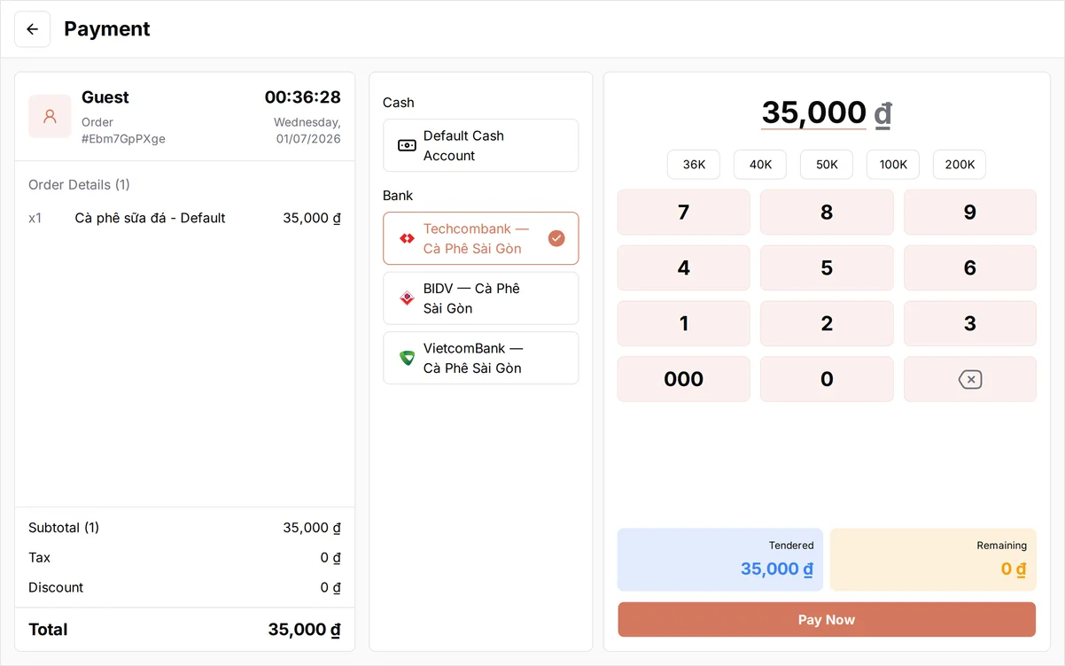 The POS payment screen with Bank selected and the Techcombank account chosen as the destination, the order total shown above the confirm button