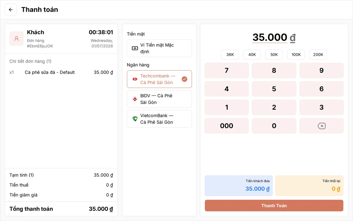 Màn hình thanh toán POS với Ngân hàng được chọn và tài khoản Techcombank làm nơi nhận tiền, tổng đơn hàng hiện phía trên nút xác nhận