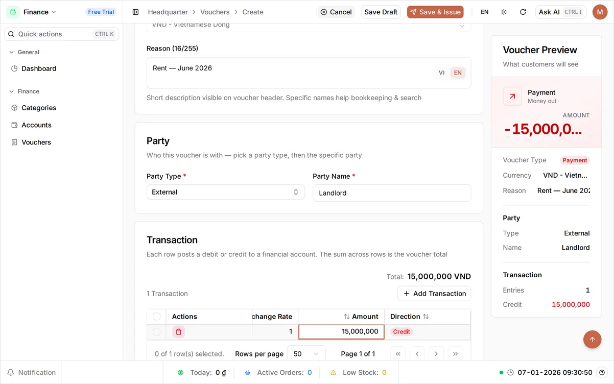 The Create Voucher form with Payment selected, a Reason of 'Rent — June 2026', an External party, and a transaction line for the Default Cash Account, the Rent category, and 15,000,000₫