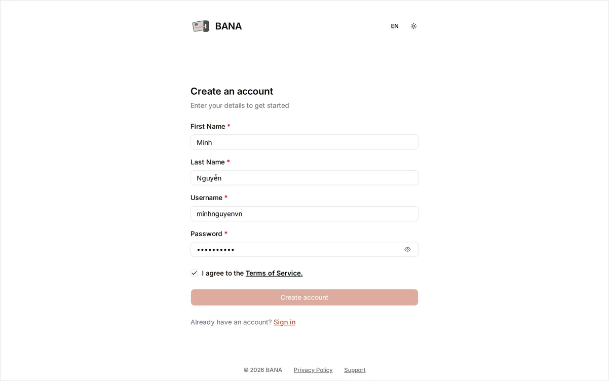 Signup form filled