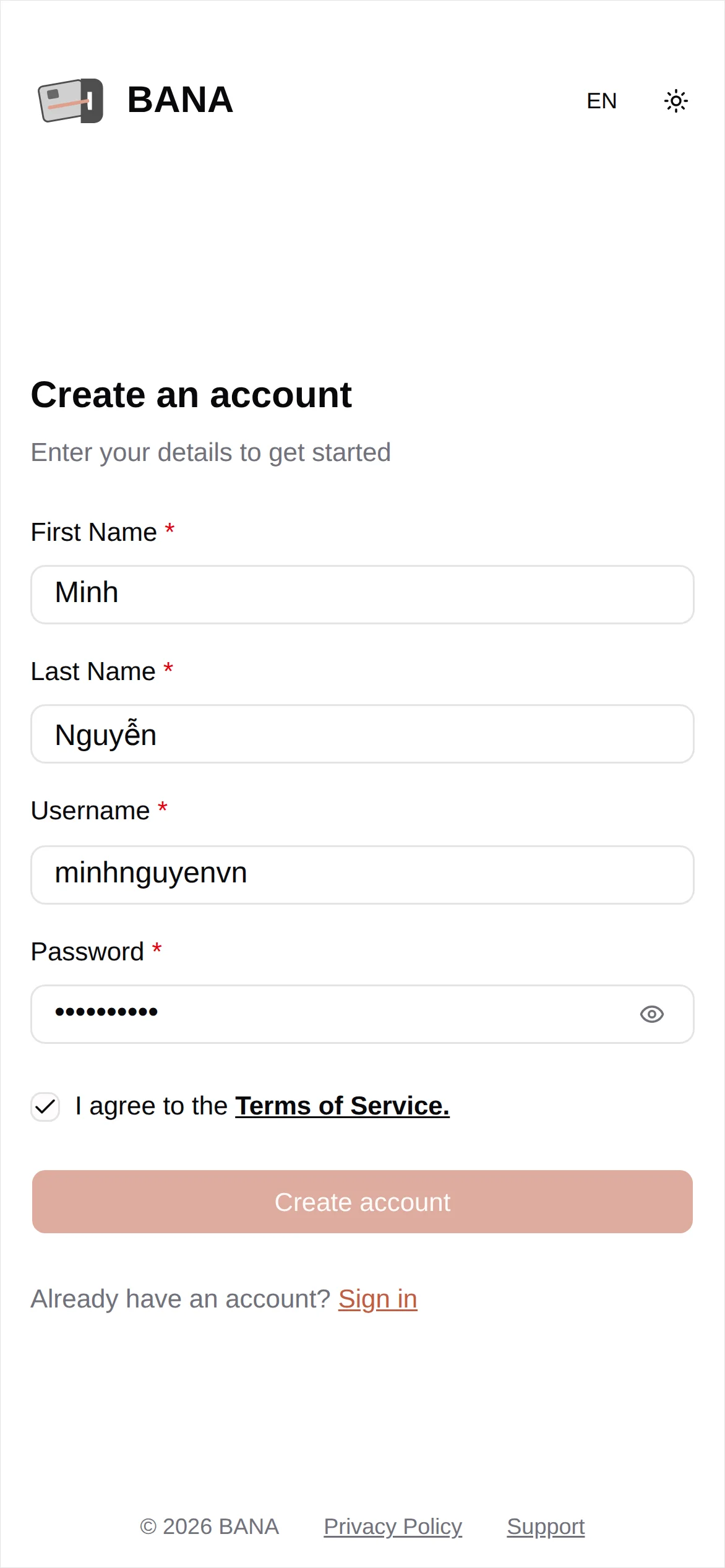 Signup form filled