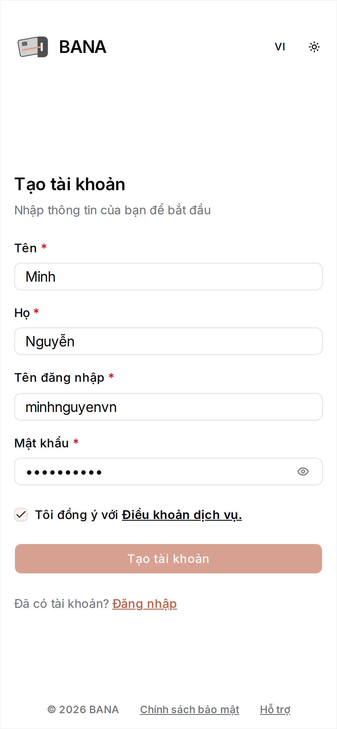 Đã điền thông tin đăng ký