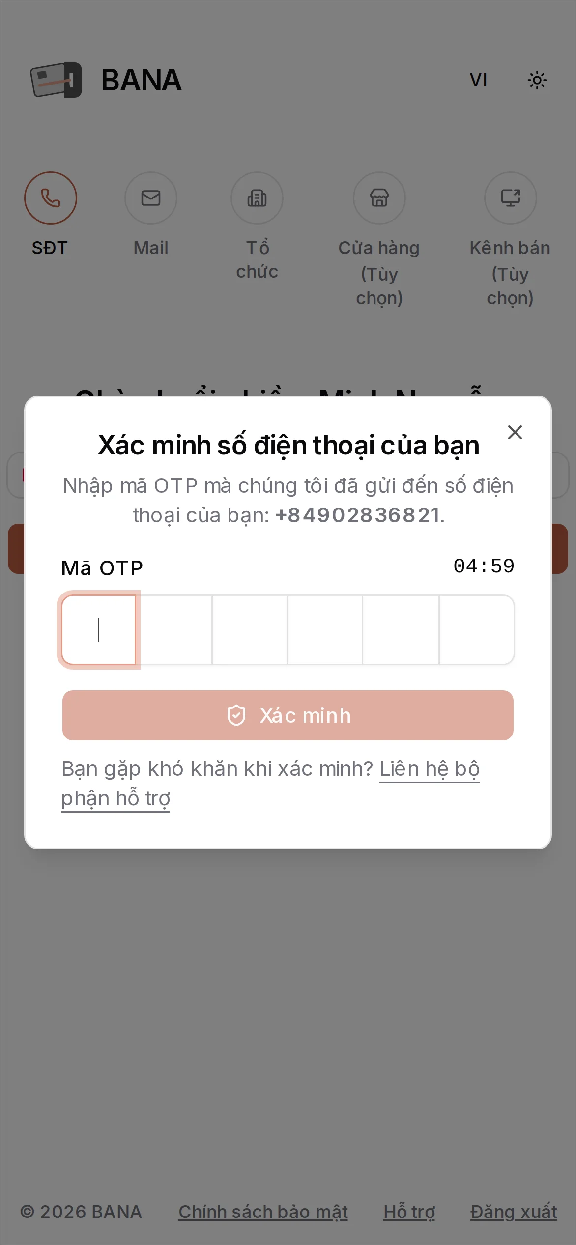 Nhập mã OTP điện thoại
