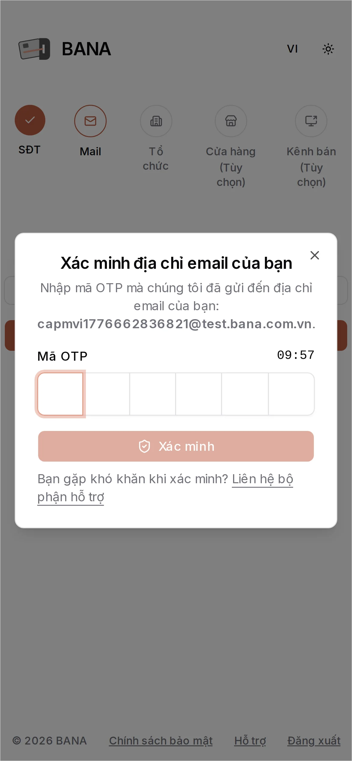 Nhập mã OTP email