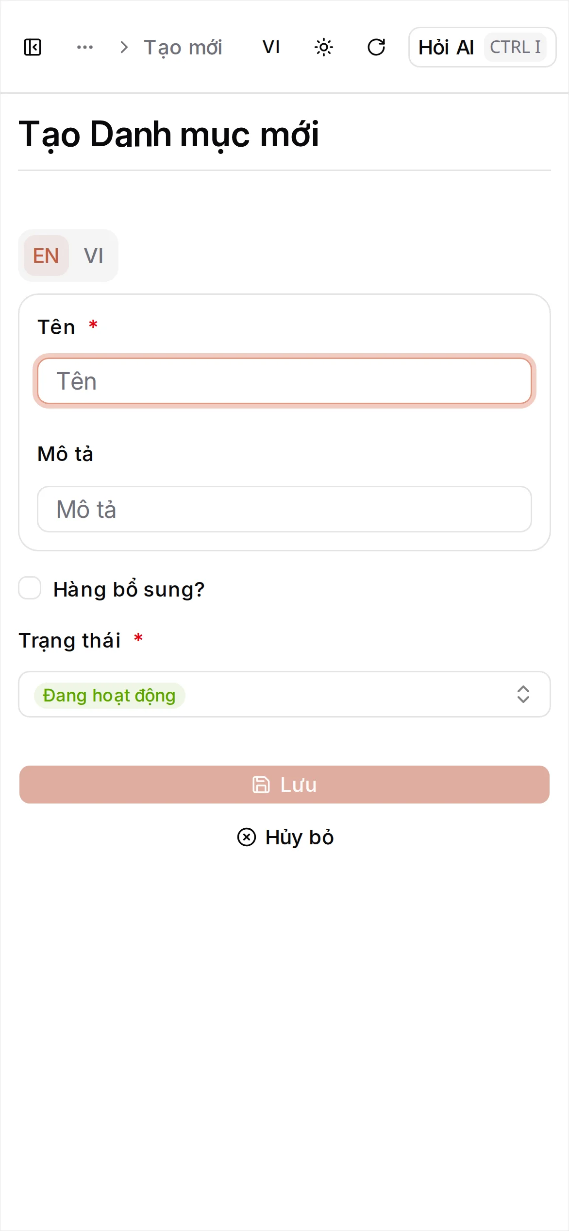 Form tạo danh mục
