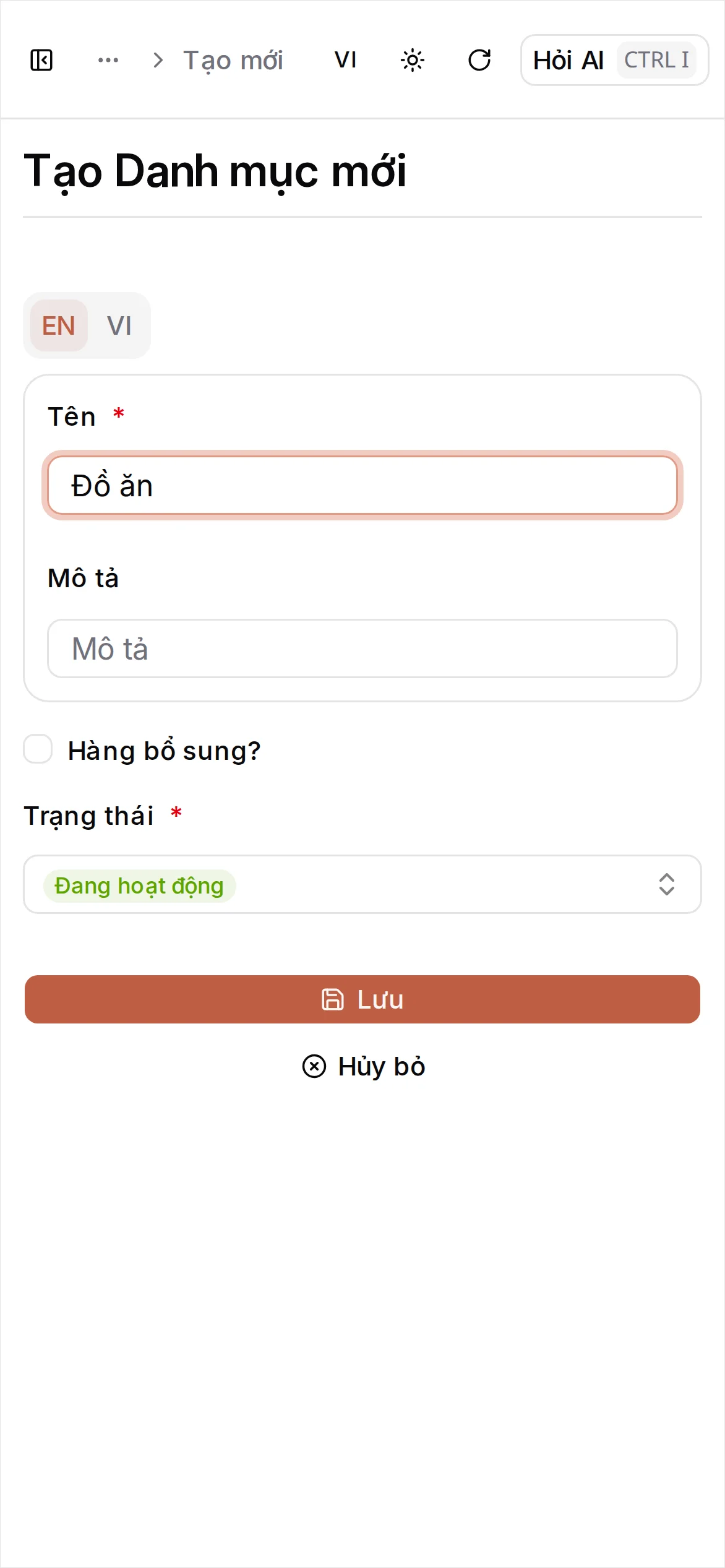 Đã điền thông tin danh mục
