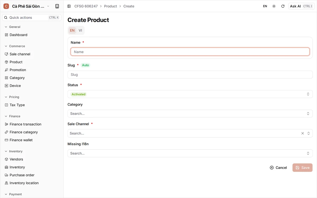Create product form