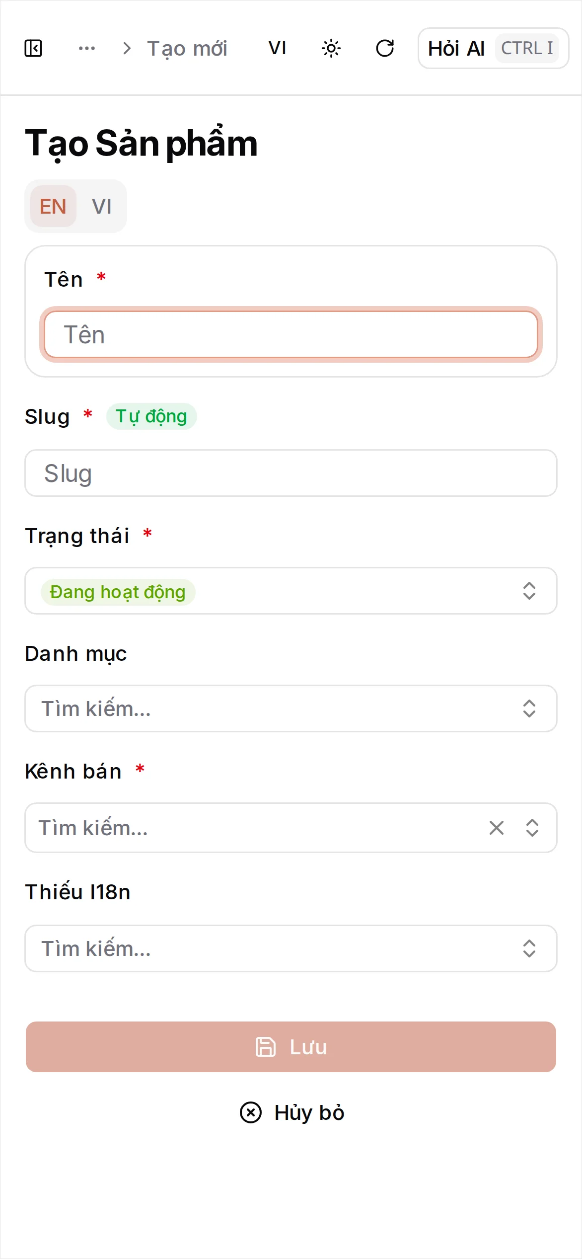 Form tạo sản phẩm