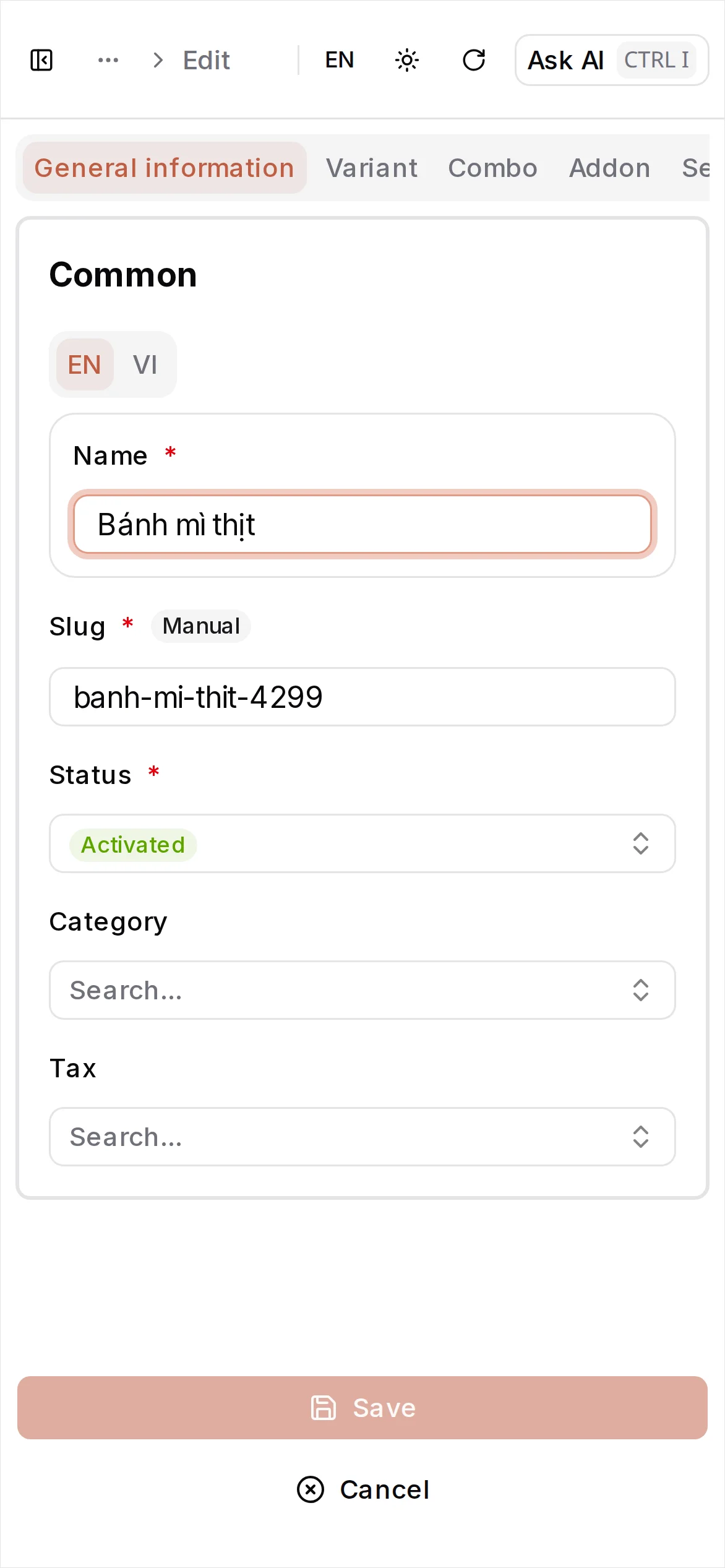 Product saved, Variant tab
