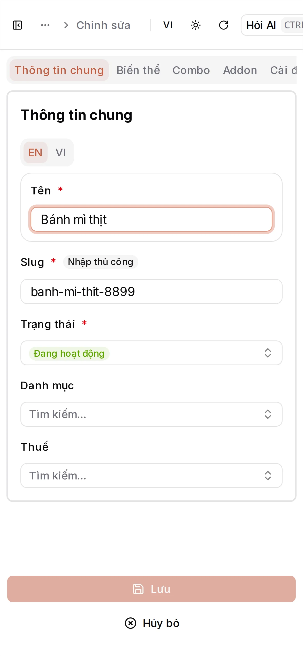 Sản phẩm đã lưu, tab Biến thể