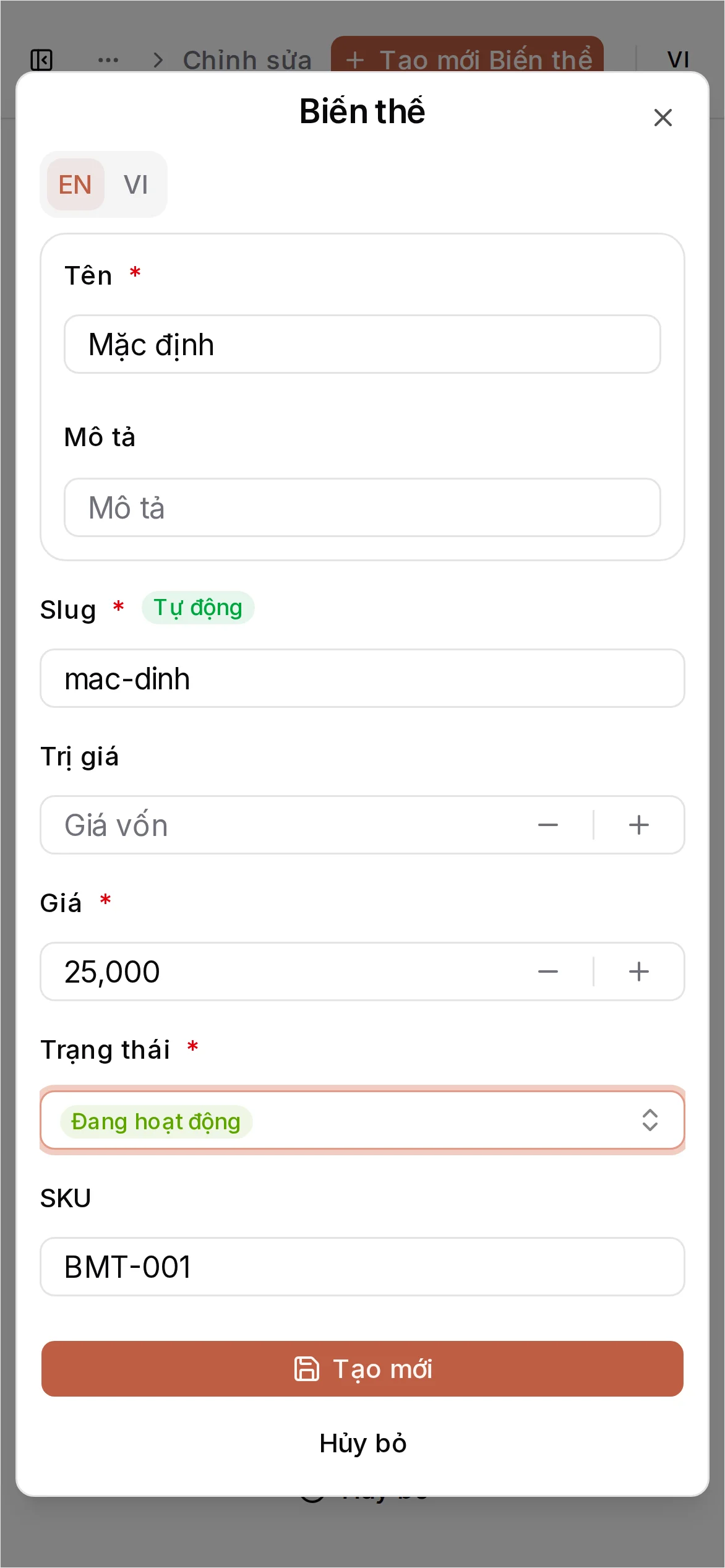Đã điền biến thể với giá