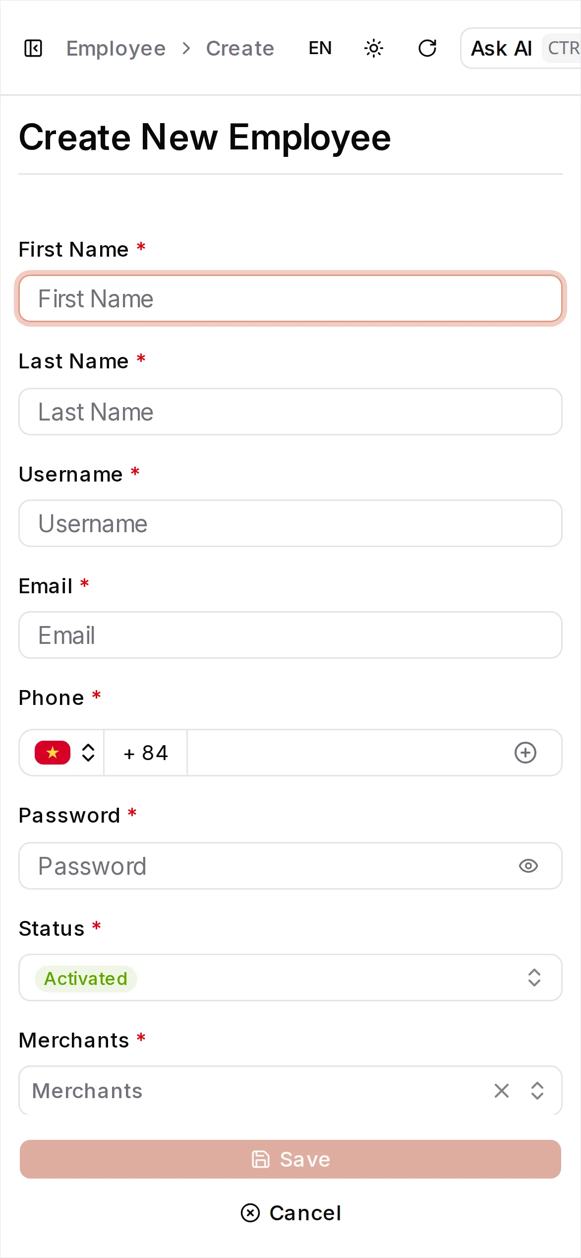 Create employee form