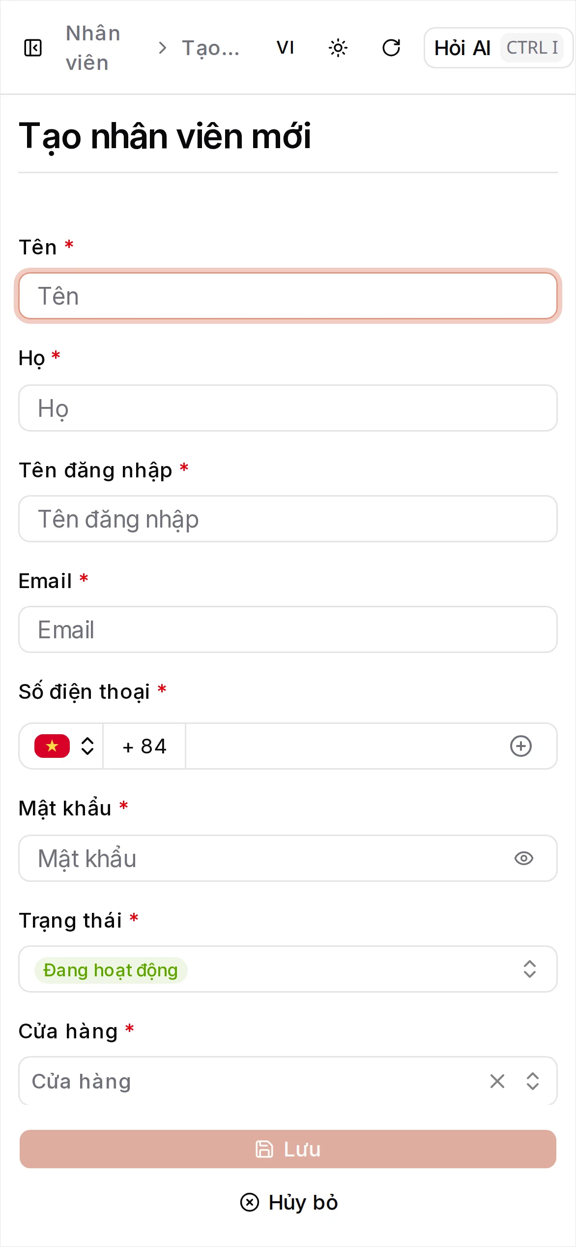 Form tạo nhân viên