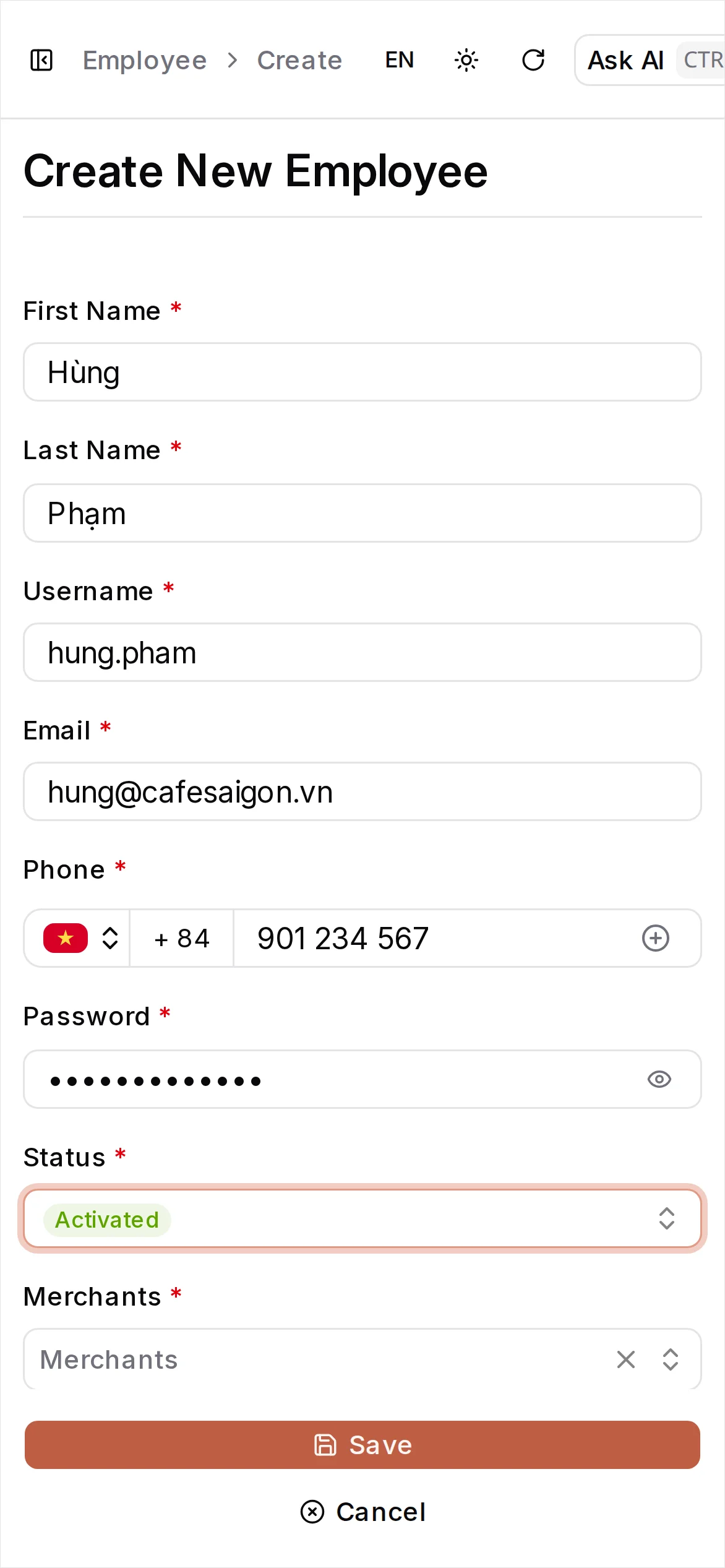 Employee form with personal details filled
