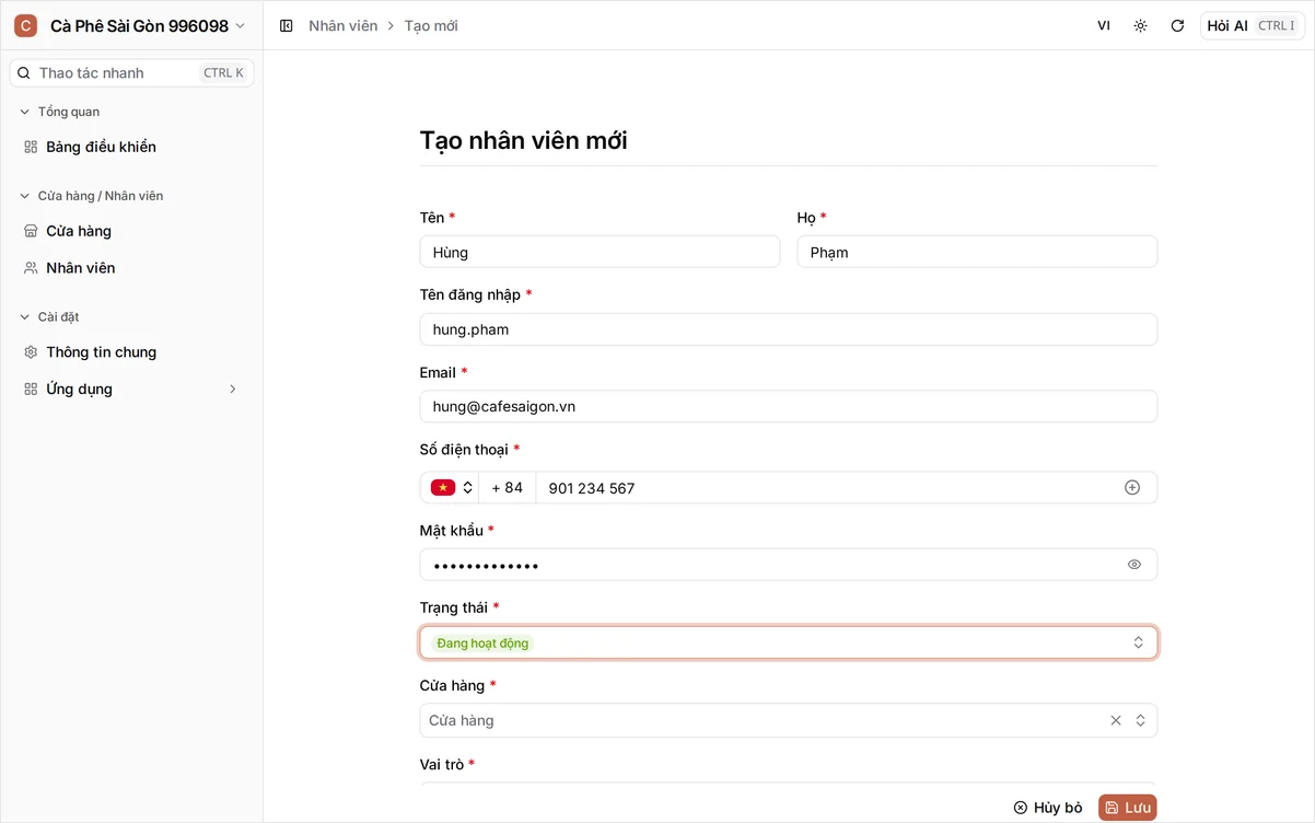 Gán vai trò và shop