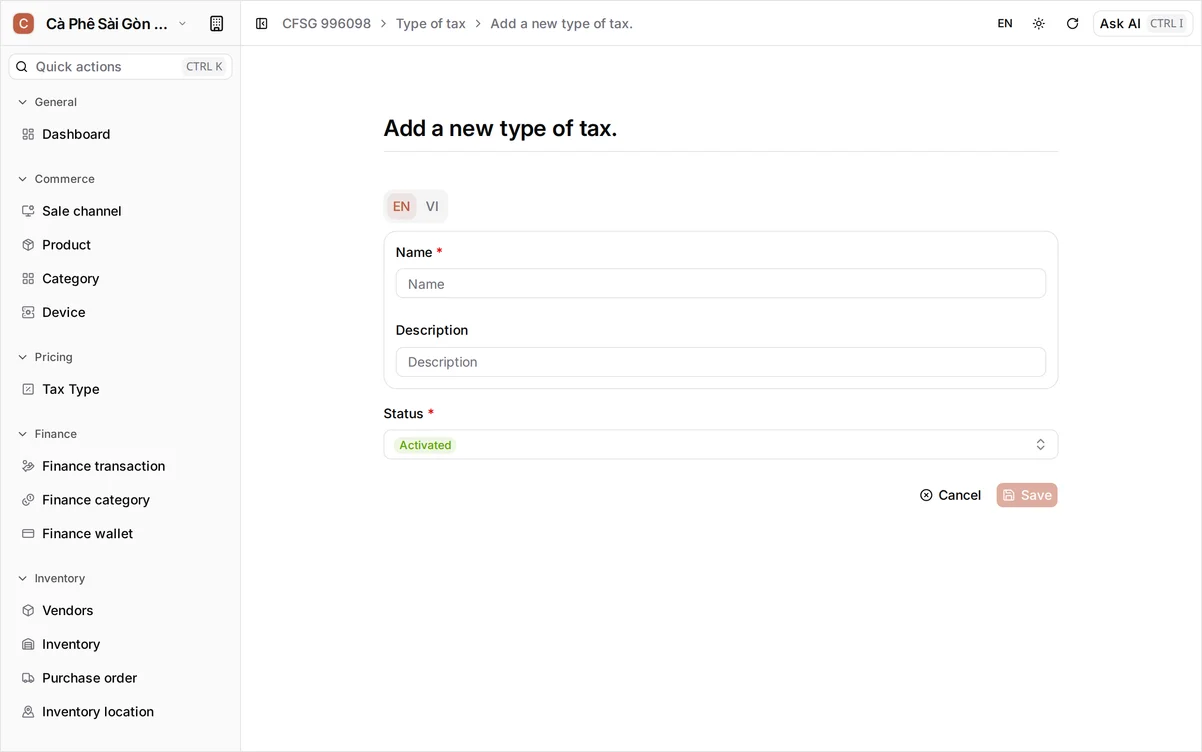Create tax type form