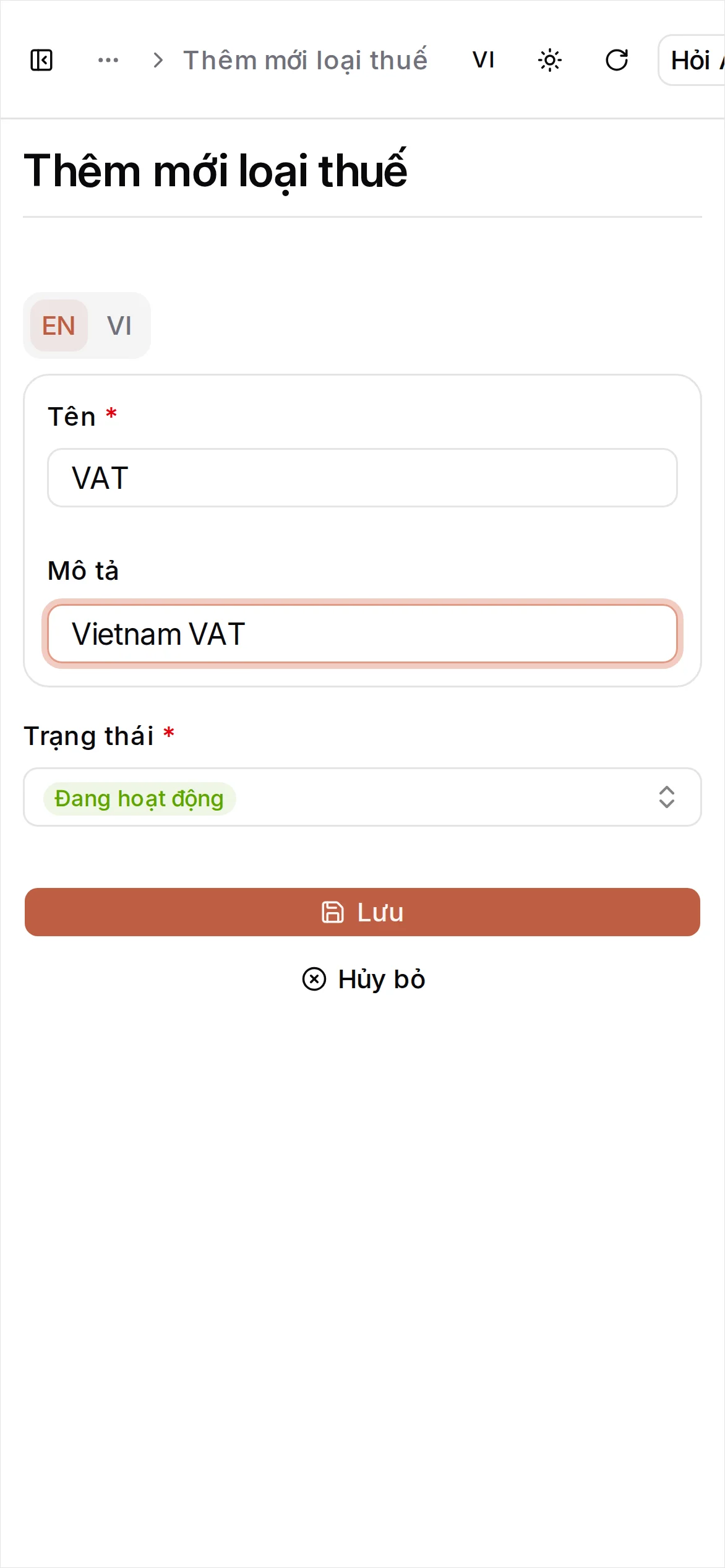 Đã điền thông tin loại thuế