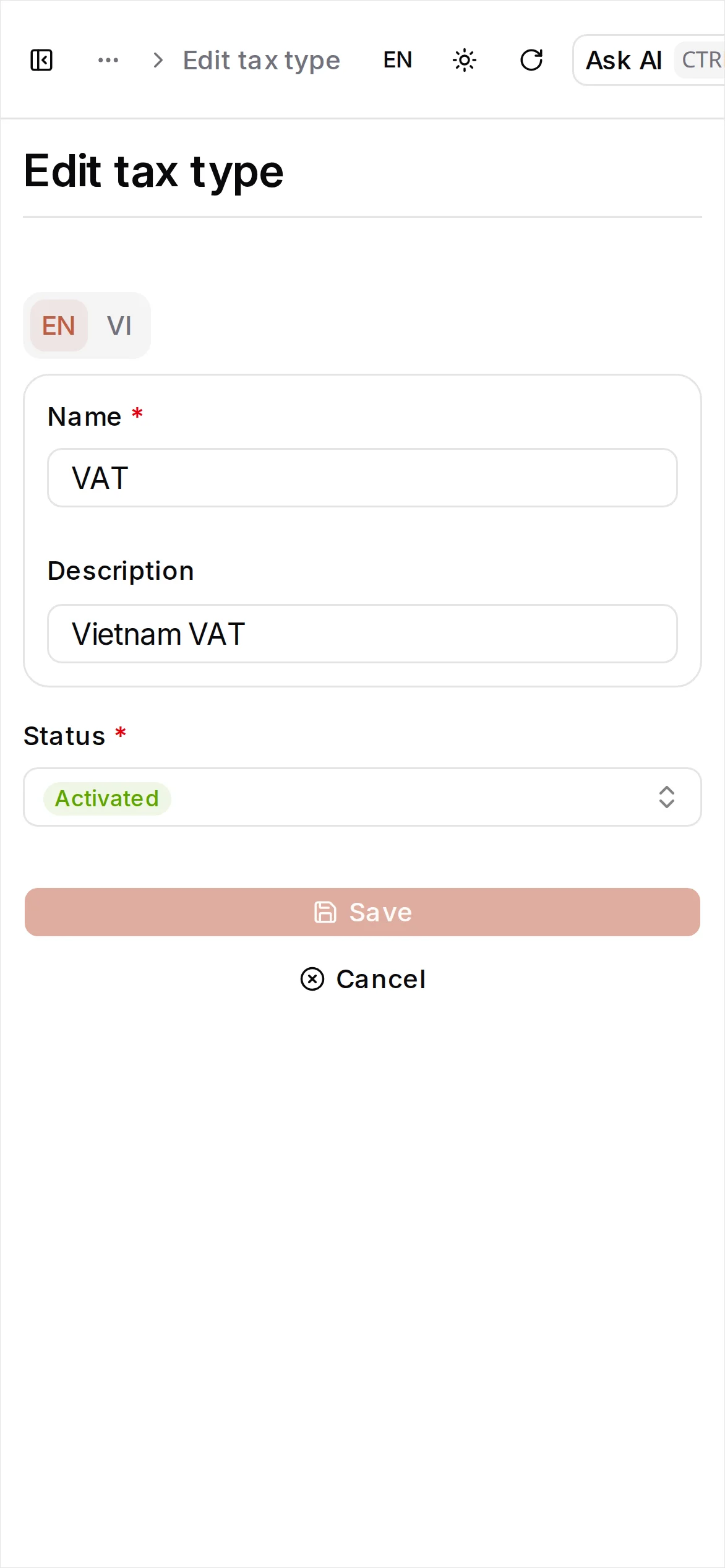 Tax type saved