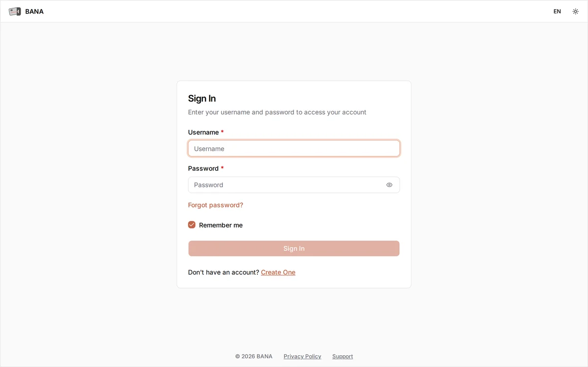 The BANA sign-in screen: Username and Password fields, a Forgot password? link, Remember me checked, and 'Don't have an account? Create One' below the Sign In button