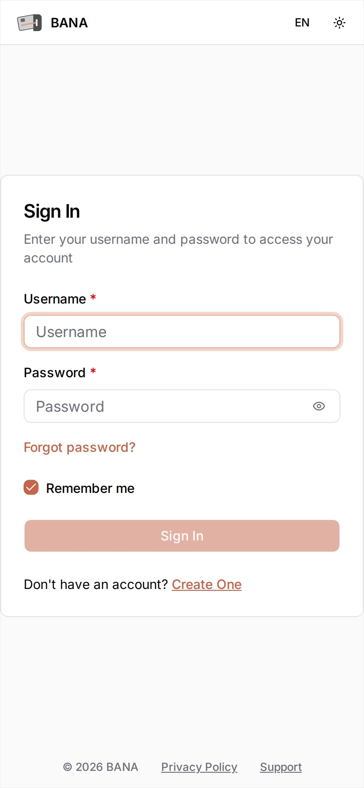The BANA sign-in screen: Username and Password fields, a Forgot password? link, Remember me checked, and 'Don't have an account? Create One' below the Sign In button
