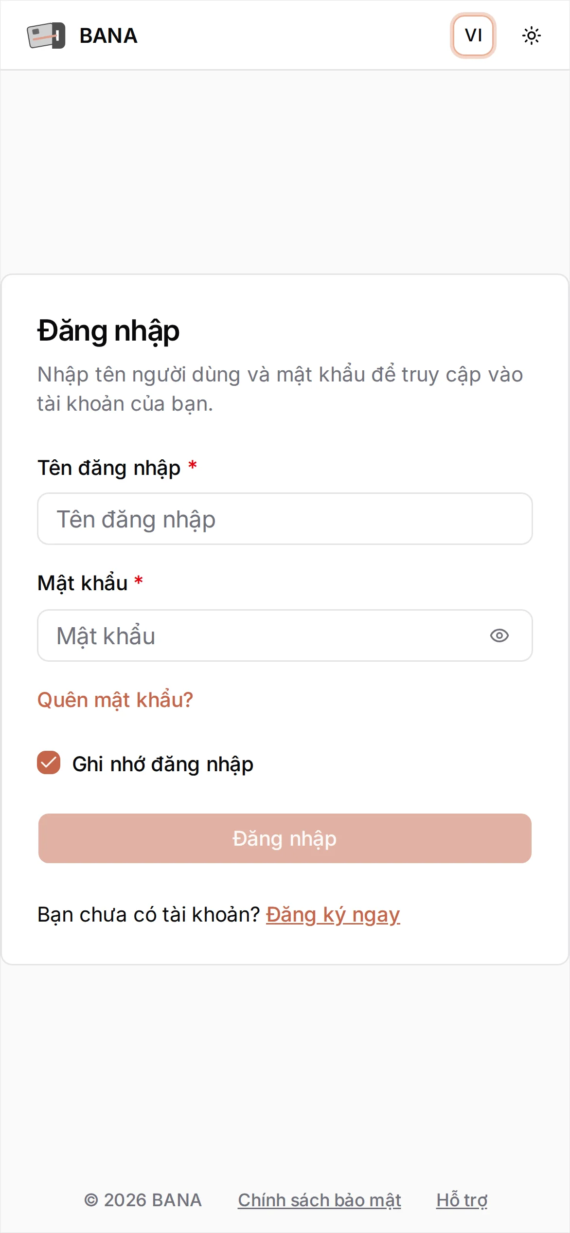 Màn hình đăng nhập BANA: ô Tên đăng nhập và Mật khẩu, liên kết Quên mật khẩu?, ô Ghi nhớ đăng nhập đã tích, và 'Bạn chưa có tài khoản? Đăng ký ngay' dưới nút Đăng nhập