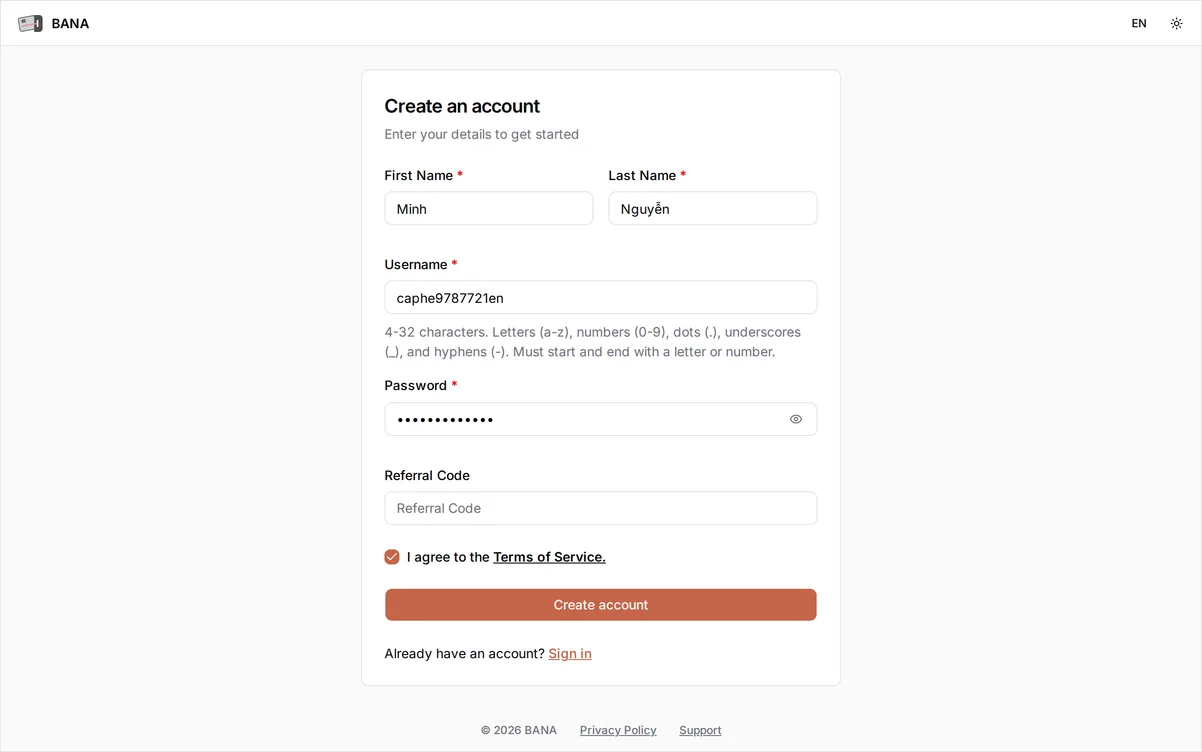 The Create an account form with First Name, Last Name, Username, and Password filled in and the Terms of Service box ticked