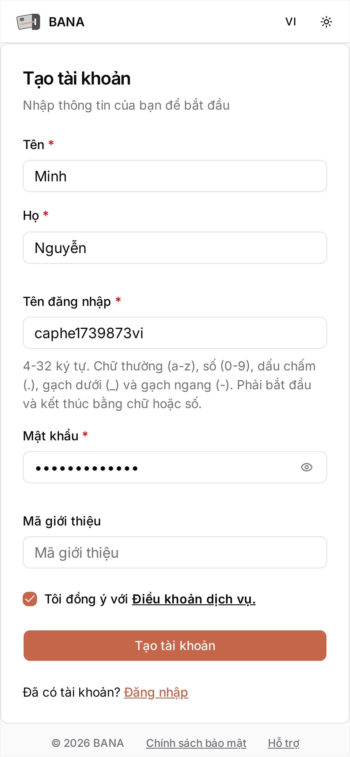 Biểu mẫu Tạo tài khoản đã điền Tên, Họ, Tên đăng nhập, Mật khẩu và đã tích ô Điều khoản dịch vụ