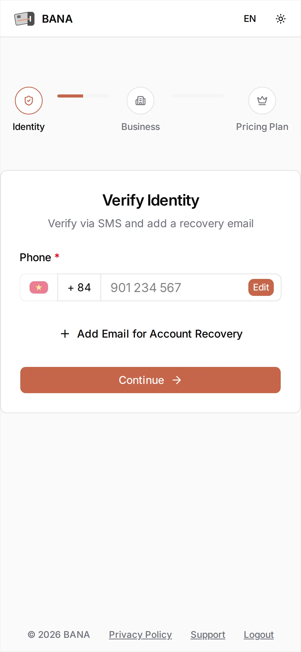 The Verify Identity step showing the Phone field, Get OTP button, and the Identity / Business / Pricing Plan progress bar