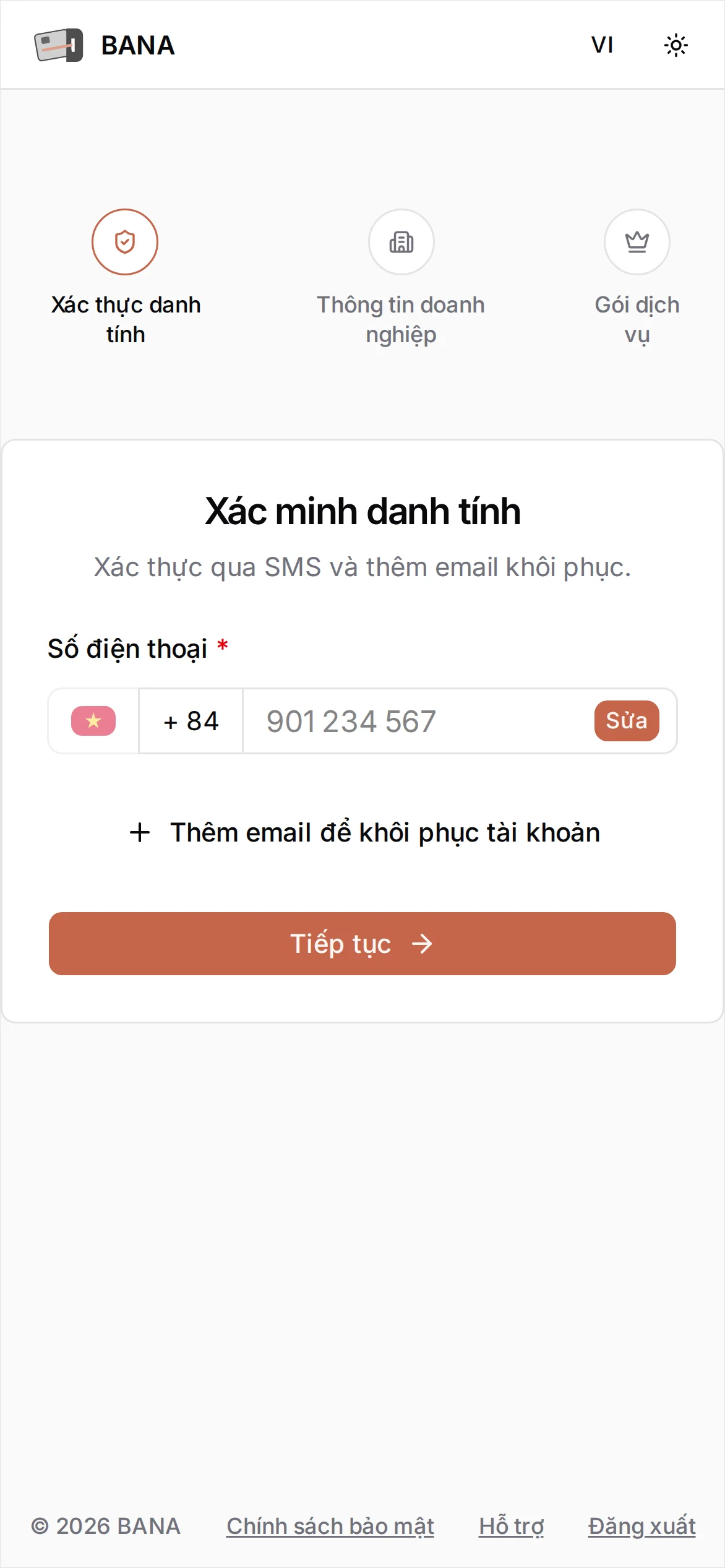 Bước Xác minh danh tính với ô Số điện thoại, nút Nhận OTP và thanh tiến trình Xác thực danh tính / Thông tin doanh nghiệp / Gói dịch vụ