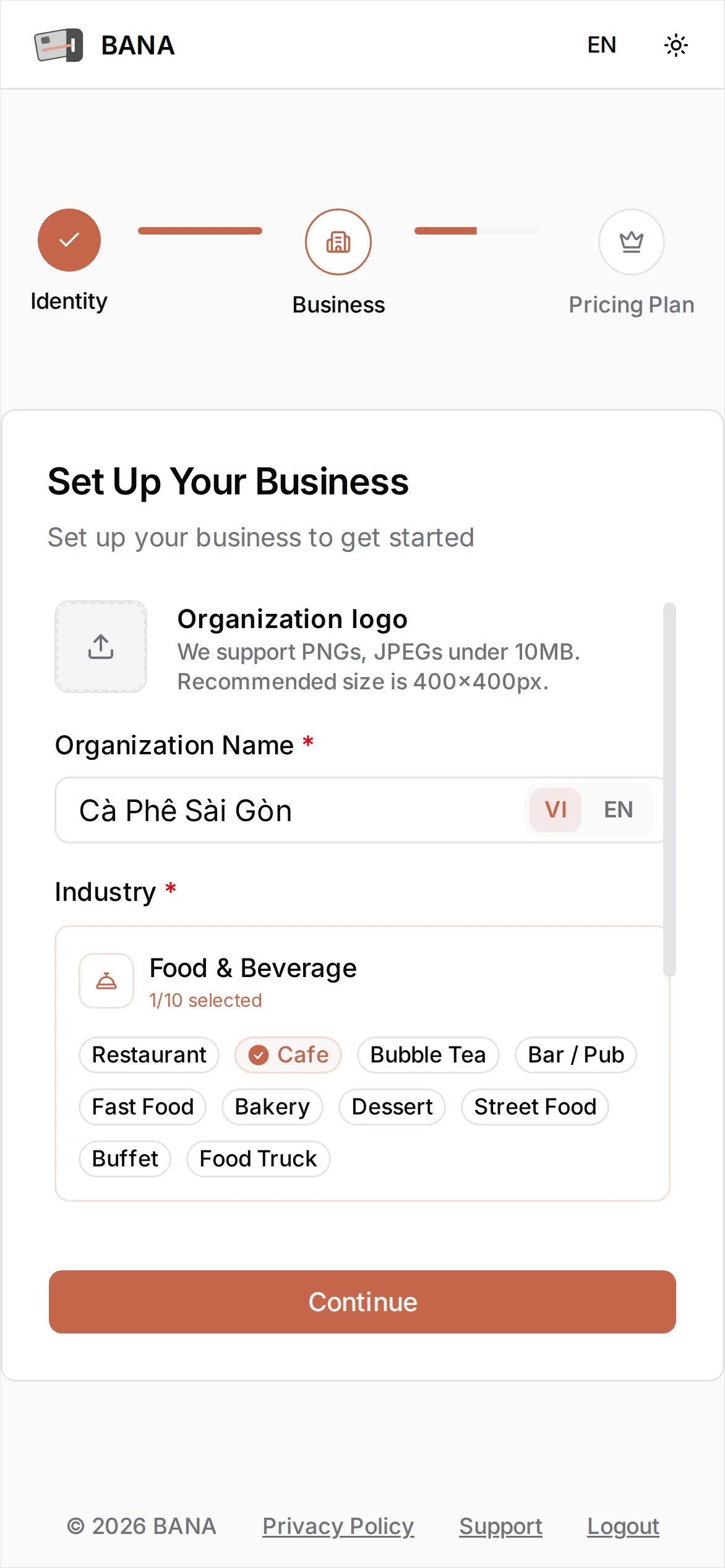 The Set Up Your Business step with Organization Name 'Cà Phê Sài Gòn' and the Food & Beverage industry selected