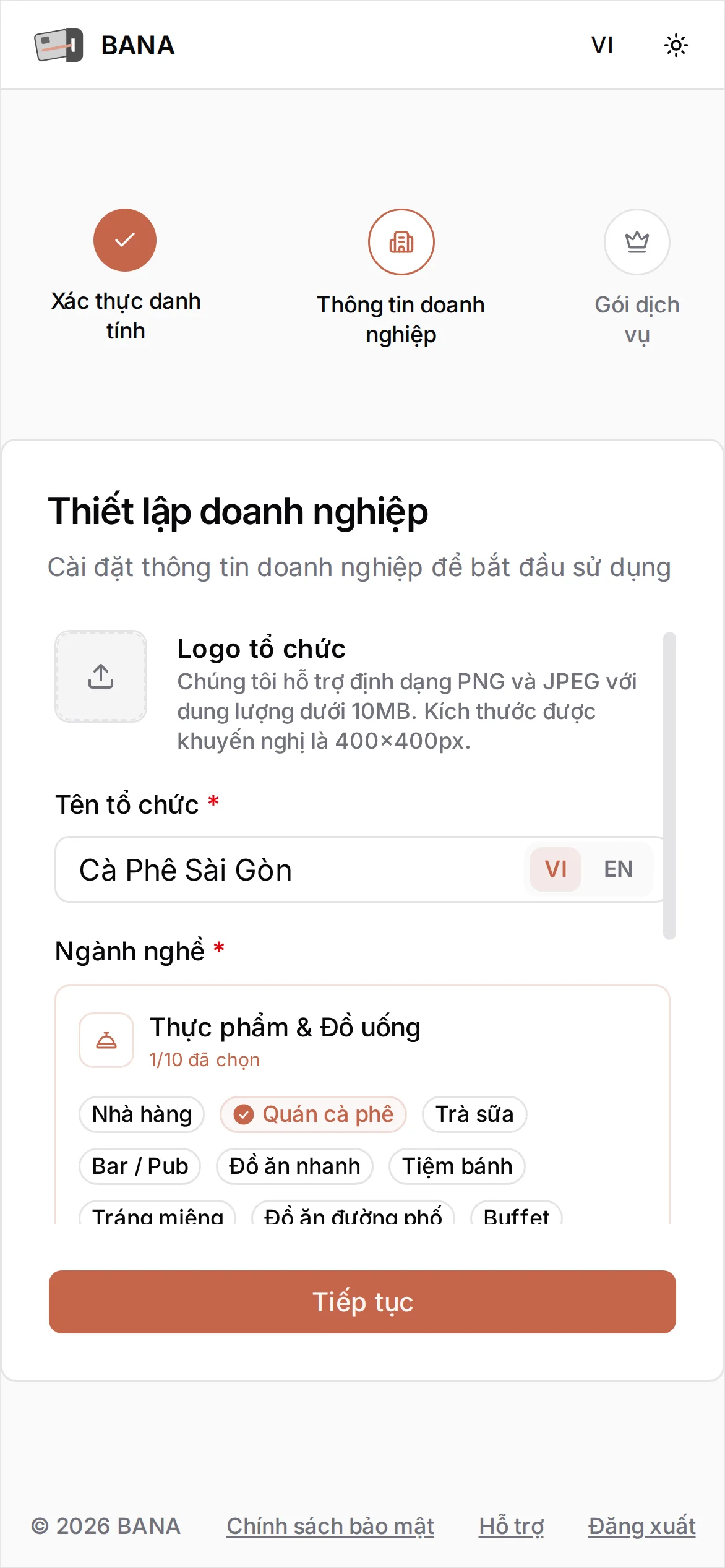 Bước Thiết lập doanh nghiệp với Tên tổ chức 'Cà Phê Sài Gòn' và ngành nghề Thực phẩm & Đồ uống được chọn