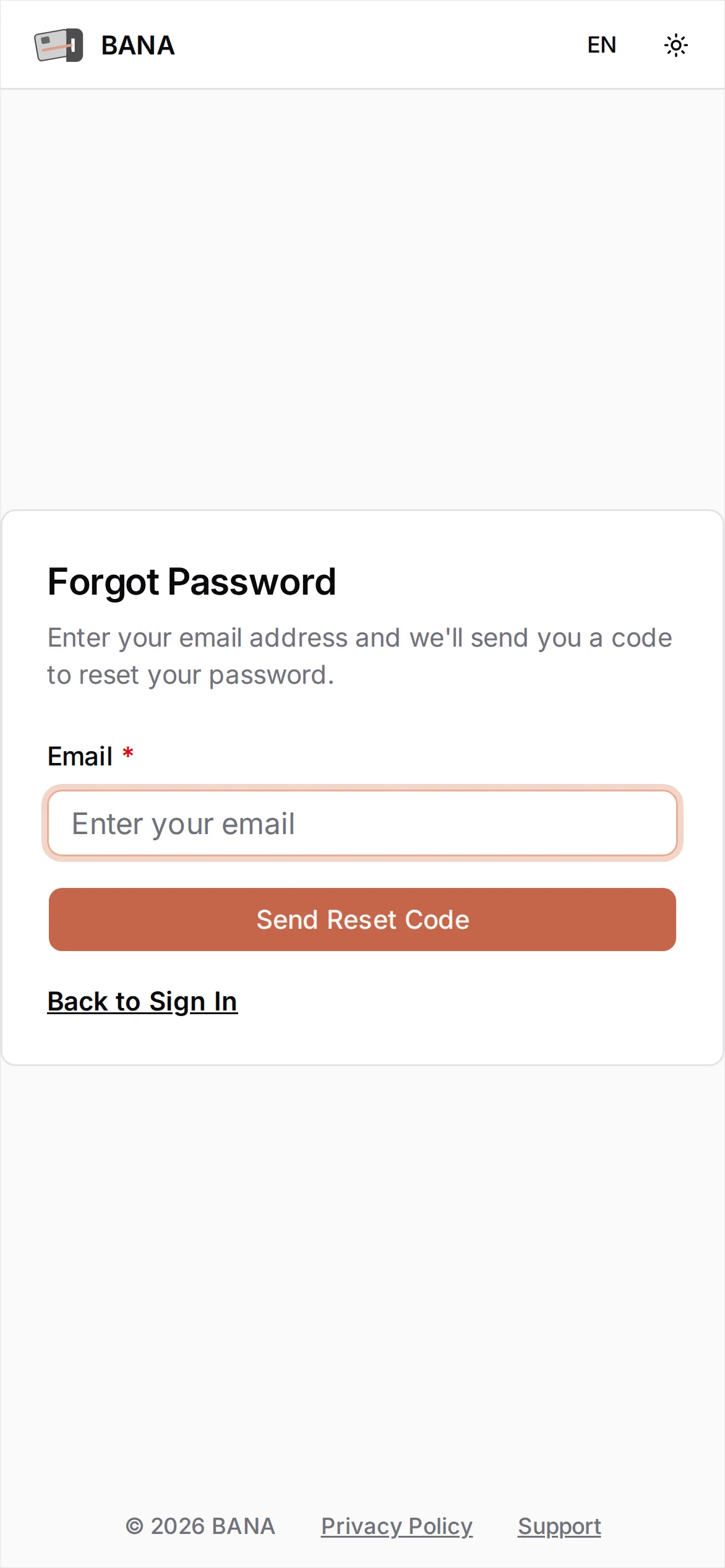 The Forgot Password screen with an Email field and a Send Reset Code button