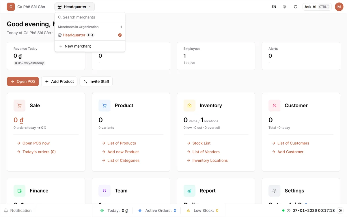 The store menu open at the top of the dashboard, listing Headquarter as the only store under 'Merchants in Organization', with a New merchant option