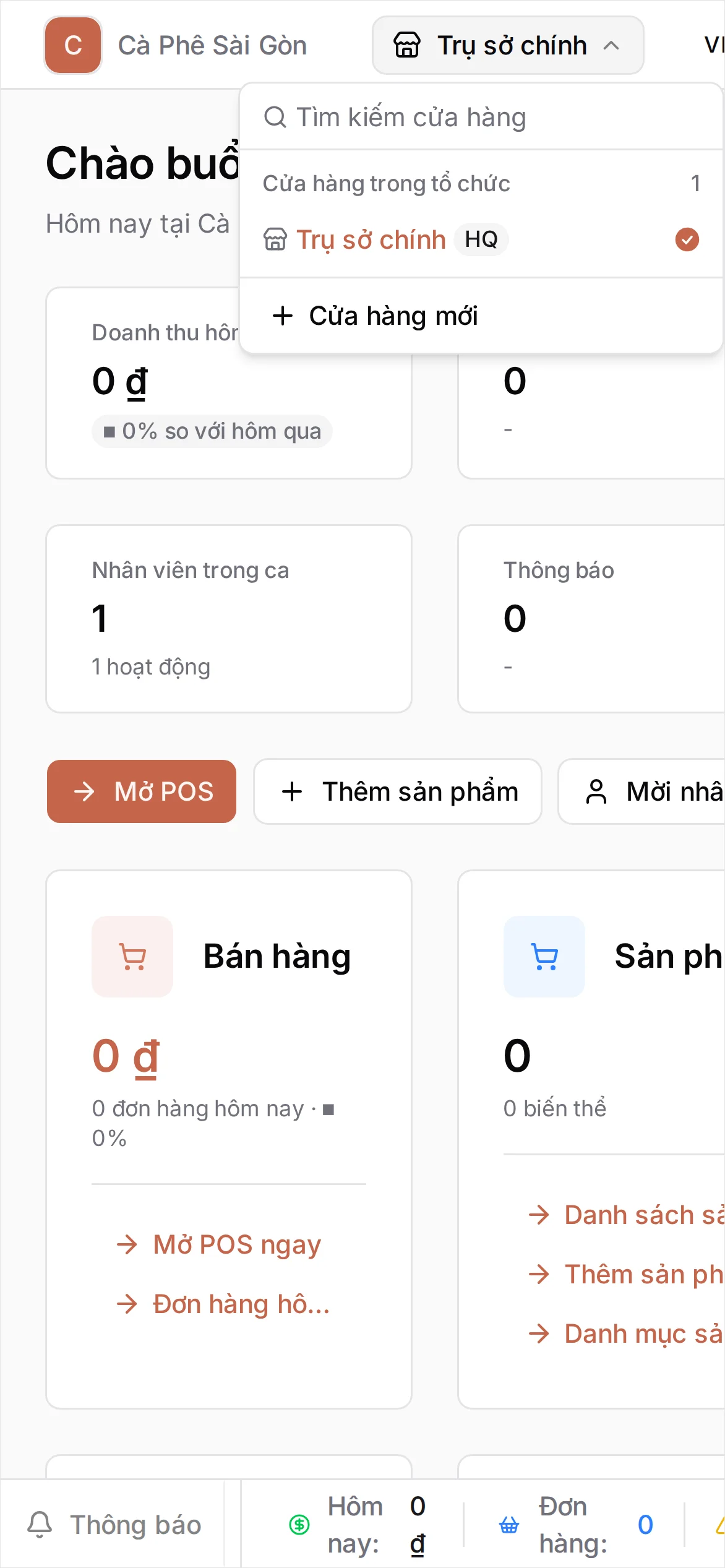 Menu cửa hàng đang mở ở phía trên bảng điều khiển, liệt kê Trụ sở chính là cửa hàng duy nhất trong mục 'Cửa hàng trong tổ chức', kèm tùy chọn tạo cửa hàng mới