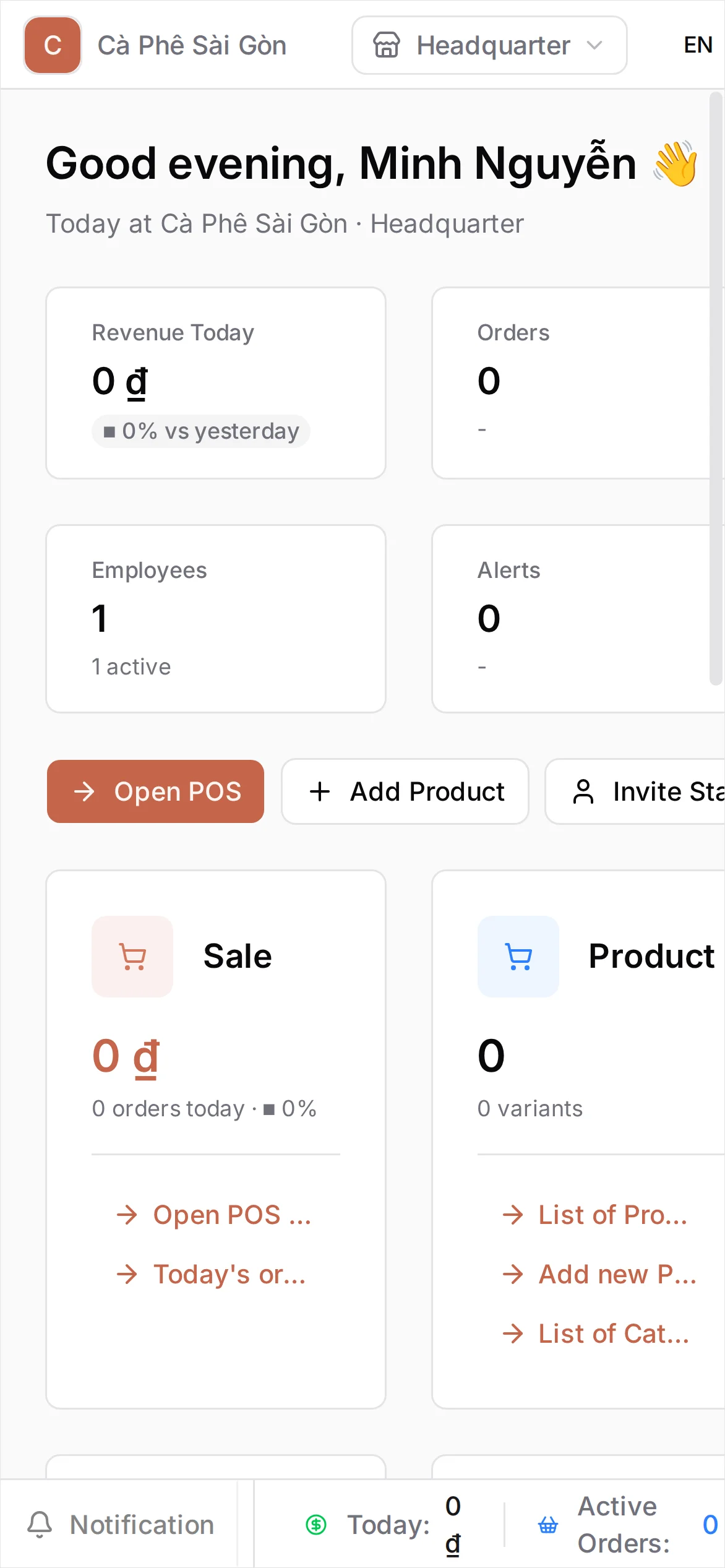 The dashboard home with Revenue Today, Orders, Employees, and Alerts at the top and cards for Sale, Product, Inventory, Customer, Finance, Team, Report, and Settings